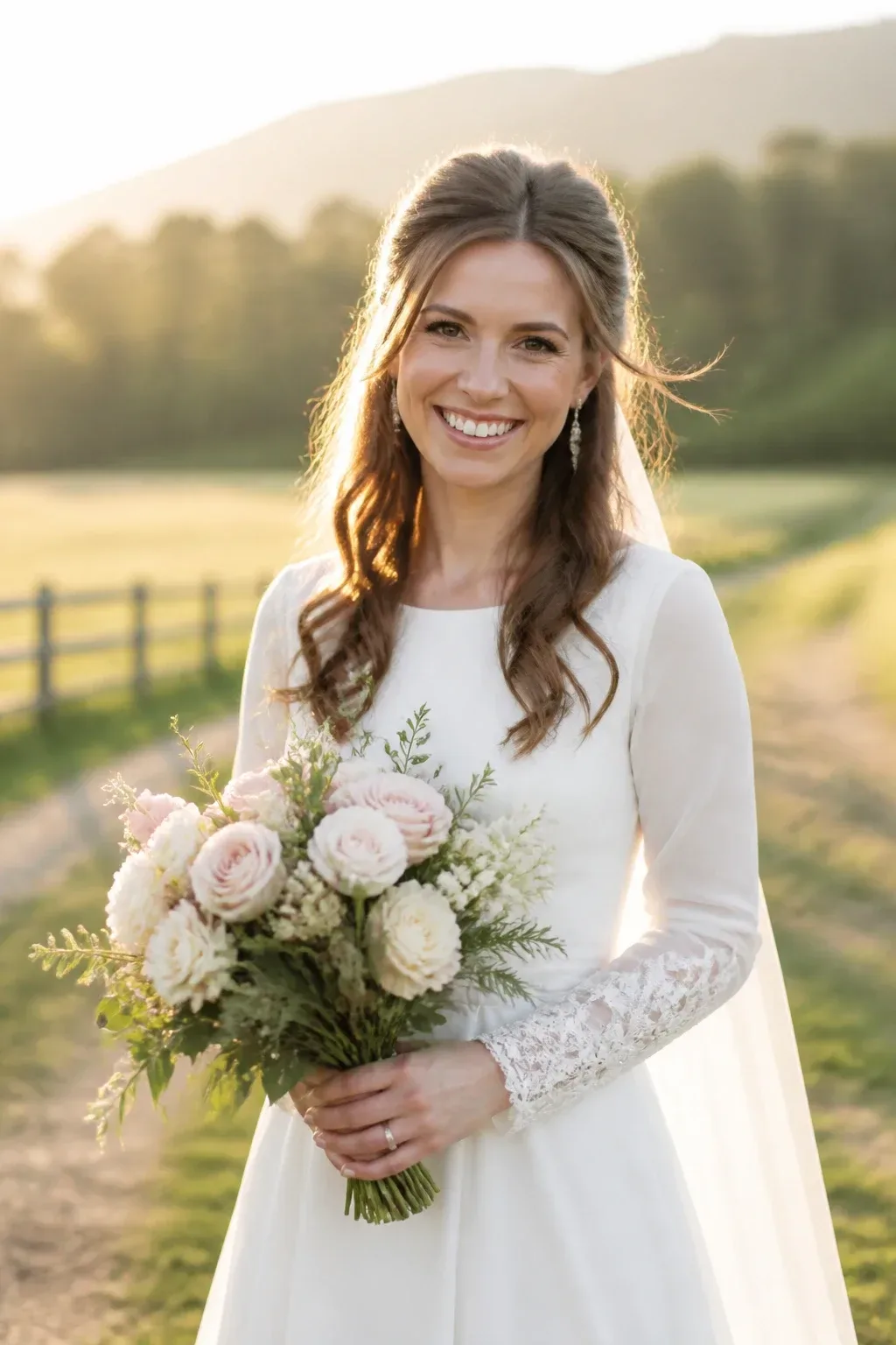 Candid professional photograph of a genuine real human model with lifelike skin and a natural expression. PG-rated, family-safe, modest editorial stock photograph. Any visible person is fully dressed in normal everyday clothing before anything else: shirt or top on, shoulders covered, chest covered, torso covered, waist covered, legs modestly covered, relaxed natural pose. Outdoor golden-hour portrait: bride with an elegant half-up style and loose curls, soft breeze, ivory dress sleeve visible, full face in frame; no text, no words, no letters, no watermark, no logo. genuine real human model in a candid professional photograph, lifelike warm skin texture, real pores, natural human expression, realistic body proportions. single natural human body with believable ordinary posture, arms naturally attached to the shoulders, no extra arms, no extra hands, no floating hands, no disembodied limbs, no duplicate face, no cloned body parts, no warped fingers, no impossible pose. Every visible person is a grown woman, with women-only styling and feminine context throughout the frame. wholesome family-friendly safe-for-work image. If any human appears, use tasteful modest everyday clothing with upper body, shoulders, chest, torso, waist and legs covered, natural simple relatable styling, calm neutral mood, appropriate for a general audience. high quality photorealistic image, sharp focus, natural true-to-life colors, coherent realistic anatomy, exactly two arms per visible person, exactly two hands per visible person, five fingers on each visible hand, one unique natural face per visible person, balanced facial symmetry, one clear main subject, uncluttered background, only props that directly match the article topic and section