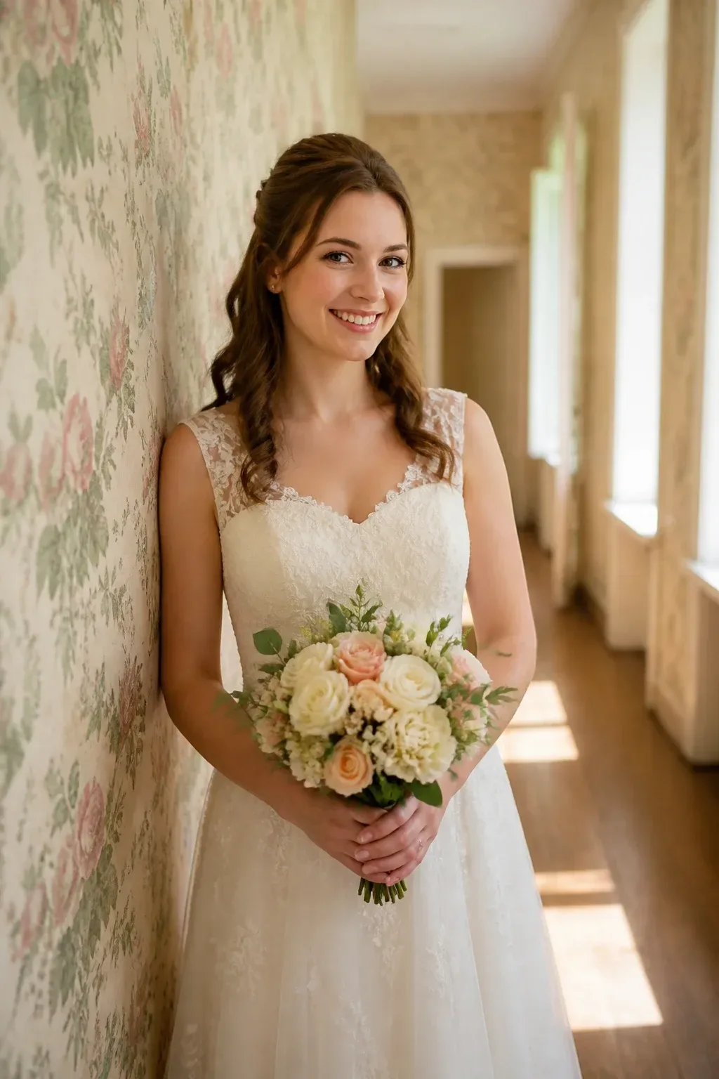 Candid professional photograph of a genuine real human model with lifelike skin and a natural expression. PG-rated, family-safe, modest editorial stock photograph. Any visible person is fully dressed in normal everyday clothing before anything else: shirt or top on, shoulders covered, chest covered, torso covered, waist covered, legs modestly covered, relaxed natural pose. Environmental shot: bride in a sunlit hallway with half-up hair, floral wallpaper backdrop, natural pose and genuine smile, full face in frame; no text, no words, no letters, no watermark, no logo. genuine real human model in a candid professional photograph, lifelike warm skin texture, real pores, natural human expression, realistic body proportions. single natural human body with believable ordinary posture, arms naturally attached to the shoulders, no extra arms, no extra hands, no floating hands, no disembodied limbs, no duplicate face, no cloned body parts, no warped fingers, no impossible pose. Every visible person is a grown woman, with women-only styling and feminine context throughout the frame. wholesome family-friendly safe-for-work image. If any human appears, use tasteful modest everyday clothing with upper body, shoulders, chest, torso, waist and legs covered, natural simple relatable styling, calm neutral mood, appropriate for a general audience. high quality photorealistic image, sharp focus, natural true-to-life colors, coherent realistic anatomy, exactly two arms per visible person, exactly two hands per visible person, five fingers on each visible hand, one unique natural face per visible person, balanced facial symmetry, one clear main subject, uncluttered background, only props that directly match the article topic and section