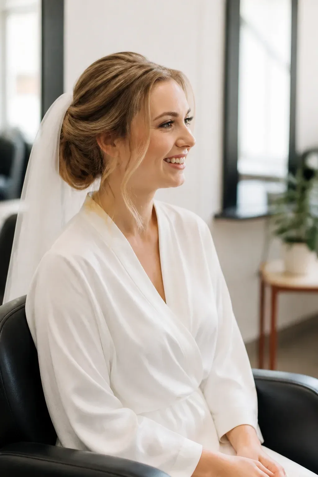 Candid professional photograph of a genuine real human model with lifelike skin and a natural expression. PG-rated, family-safe, modest editorial stock photograph. Any visible person is fully dressed in normal everyday clothing before anything else: shirt or top on, shoulders covered, chest covered, torso covered, waist covered, legs modestly covered, relaxed natural pose. Candid side profile of an bride in a loose romantic bun, airy hair with subtle volume, white veil peeking, soft window light in a modern salon, casual pose, full face clearly visible; no text, no words, no letters, no watermark, no logo. genuine real human model in a candid professional photograph, lifelike warm skin texture, real pores, natural human expression, realistic body proportions. single natural human body with believable ordinary posture, arms naturally attached to the shoulders, no extra arms, no extra hands, no floating hands, no disembodied limbs, no duplicate face, no cloned body parts, no warped fingers, no impossible pose. Every visible person is a grown woman, with women-only styling and feminine context throughout the frame. wholesome family-friendly safe-for-work image. If any human appears, use tasteful modest everyday clothing with upper body, shoulders, chest, torso, waist and legs covered, natural simple relatable styling, calm neutral mood, appropriate for a general audience. high quality photorealistic image, sharp focus, natural true-to-life colors, coherent realistic anatomy, exactly two arms per visible person, exactly two hands per visible person, five fingers on each visible hand, one unique natural face per visible person, balanced facial symmetry, one clear main subject, uncluttered background, only props that directly match the article topic and section