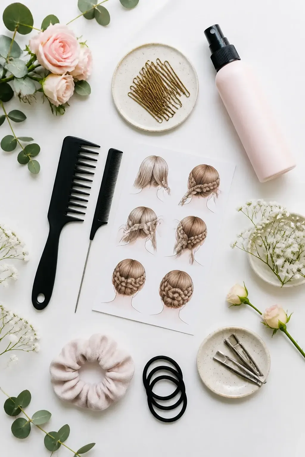 PG-rated, family-safe, modest editorial stock photograph. Any visible person is fully dressed in normal everyday clothing before anything else: shirt or top on, shoulders covered, chest covered, torso covered, waist covered, legs modestly covered, relaxed natural pose. Flat-lay of a polished braided crown styling kit: combs, pins, texturizing spray, small flowers, in soft pastel tones, white workspace background, top-down view showing how-to elements; no person; no text, no words, no letters, no watermark, no logo. full subject clearly in frame, natural composition, realistic scale. wholesome family-friendly safe-for-work image. If any human appears, use tasteful modest everyday clothing with upper body, shoulders, chest, torso, waist and legs covered, natural simple relatable styling, calm neutral mood, appropriate for a general audience. high quality photorealistic image, sharp focus, natural true-to-life colors, coherent realistic anatomy, exactly two arms per visible person, exactly two hands per visible person, five fingers on each visible hand, one unique natural face per visible person, balanced facial symmetry, one clear main subject, uncluttered background, only props that directly match the article topic and section