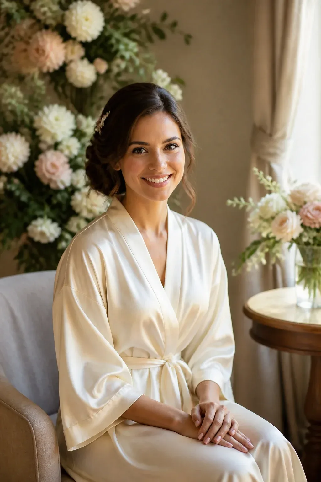 Candid professional photograph of a genuine real human model with lifelike skin and a natural expression. PG-rated, family-safe, modest editorial stock photograph. Any visible person is fully dressed in normal everyday clothing before anything else: shirt or top on, shoulders covered, chest covered, torso covered, waist covered, legs modestly covered, relaxed natural pose. Wide shot of an elegant side-swept updo on a seated bride in a cream satin robe, floral backdrop, natural golden-hour light, cozy room setting, full face clearly visible; no text, no words, no letters, no watermark, no logo. genuine real human model in a candid professional photograph, lifelike warm skin texture, real pores, natural human expression, realistic body proportions. single natural human body with believable ordinary posture, arms naturally attached to the shoulders, no extra arms, no extra hands, no floating hands, no disembodied limbs, no duplicate face, no cloned body parts, no warped fingers, no impossible pose. Every visible person is a grown woman, with women-only styling and feminine context throughout the frame. wholesome family-friendly safe-for-work image. If any human appears, use tasteful modest everyday clothing with upper body, shoulders, chest, torso, waist and legs covered, natural simple relatable styling, calm neutral mood, appropriate for a general audience. high quality photorealistic image, sharp focus, natural true-to-life colors, coherent realistic anatomy, exactly two arms per visible person, exactly two hands per visible person, five fingers on each visible hand, one unique natural face per visible person, balanced facial symmetry, one clear main subject, uncluttered background, only props that directly match the article topic and section