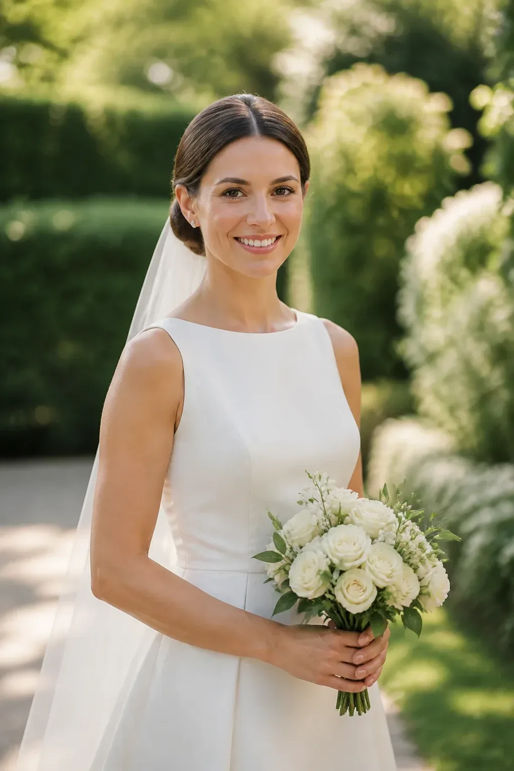 Candid professional photograph of a genuine real human model with lifelike skin and a natural expression. PG-rated, family-safe, modest editorial stock photograph. Any visible person is fully dressed in normal everyday clothing before anything else: shirt or top on, shoulders covered, chest covered, torso covered, waist covered, legs modestly covered, relaxed natural pose. Outdoor morning portrait of a bride with a sleek modern knot, clean makeup, simple jewelry, soft greenery background, natural light, full face sharply in frame; no text, no words, no letters, no watermark, no logo. genuine real human model in a candid professional photograph, lifelike warm skin texture, real pores, natural human expression, realistic body proportions. single natural human body with believable ordinary posture, arms naturally attached to the shoulders, no extra arms, no extra hands, no floating hands, no disembodied limbs, no duplicate face, no cloned body parts, no warped fingers, no impossible pose. Every visible person is a grown woman, with women-only styling and feminine context throughout the frame. wholesome family-friendly safe-for-work image. If any human appears, use tasteful modest everyday clothing with upper body, shoulders, chest, torso, waist and legs covered, natural simple relatable styling, calm neutral mood, appropriate for a general audience. high quality photorealistic image, sharp focus, natural true-to-life colors, coherent realistic anatomy, exactly two arms per visible person, exactly two hands per visible person, five fingers on each visible hand, one unique natural face per visible person, balanced facial symmetry, one clear main subject, uncluttered background, only props that directly match the article topic and section