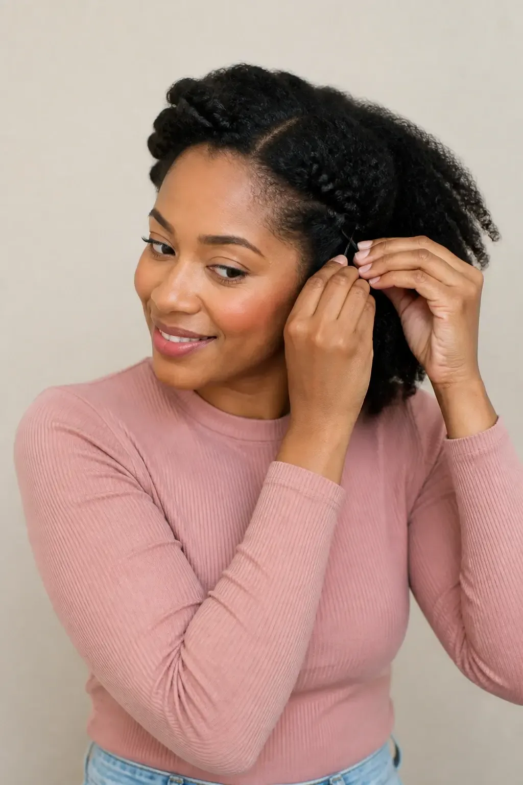 Candid professional photograph of a genuine real human model with lifelike skin and a natural expression. PG-rated, family-safe, modest editorial stock photograph. Any visible person is fully dressed in normal everyday clothing before anything else: shirt or top on, shoulders covered, chest covered, torso covered, waist covered, legs modestly covered, relaxed natural pose. well-framed of half-pinched hair texture on a medium-length style, hands adjusting pins, neutral-toned background, studio lighting, no face well-framed; no text, no words, no letters, no watermark, no logo. complete face and entire head comfortably inside the frame, clearly visible, sharp and in focus, generous headroom, unobstructed face, bright expressive eyes, natural warm smile, lively alert expression. genuine real human model in a candid professional photograph, lifelike warm skin texture, real pores, natural human expression, realistic body proportions. single natural human body with believable ordinary posture, arms naturally attached to the shoulders, no extra arms, no extra hands, no floating hands, no disembodied limbs, no duplicate face, no cloned body parts, no warped fingers, no impossible pose. Every visible person is a grown woman, with women-only styling and feminine context throughout the frame. wholesome family-friendly safe-for-work image. If any human appears, use tasteful modest everyday clothing with upper body, shoulders, chest, torso, waist and legs covered, natural simple relatable styling, calm neutral mood, appropriate for a general audience. high quality photorealistic image, sharp focus, natural true-to-life colors, coherent realistic anatomy, exactly two arms per visible person, exactly two hands per visible person, five fingers on each visible hand, one unique natural face per visible person, balanced facial symmetry, one clear main subject, uncluttered background, only props that directly match the article topic and section