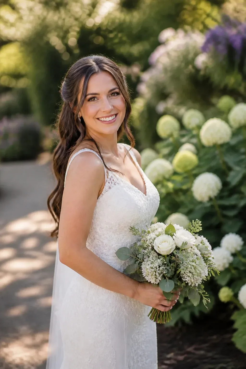 Candid professional photograph of a genuine real human model with lifelike skin and a natural expression. PG-rated, family-safe, modest editorial stock photograph. Any visible person is fully dressed in normal everyday clothing before anything else: shirt or top on, shoulders covered, chest covered, torso covered, waist covered, legs modestly covered, relaxed natural pose. Environmental shot of a bride in a sunlit garden wearing a half-up style with cascading waves, bouquet in hand, warm tones, full face clearly visible, candid smile; no text, no words, no letters, no watermark, no logo. genuine real human model in a candid professional photograph, lifelike warm skin texture, real pores, natural human expression, realistic body proportions. single natural human body with believable ordinary posture, arms naturally attached to the shoulders, no extra arms, no extra hands, no floating hands, no disembodied limbs, no duplicate face, no cloned body parts, no warped fingers, no impossible pose. Every visible person is a grown woman, with women-only styling and feminine context throughout the frame. wholesome family-friendly safe-for-work image. If any human appears, use tasteful modest everyday clothing with upper body, shoulders, chest, torso, waist and legs covered, natural simple relatable styling, calm neutral mood, appropriate for a general audience. high quality photorealistic image, sharp focus, natural true-to-life colors, coherent realistic anatomy, exactly two arms per visible person, exactly two hands per visible person, five fingers on each visible hand, one unique natural face per visible person, balanced facial symmetry, one clear main subject, uncluttered background, only props that directly match the article topic and section