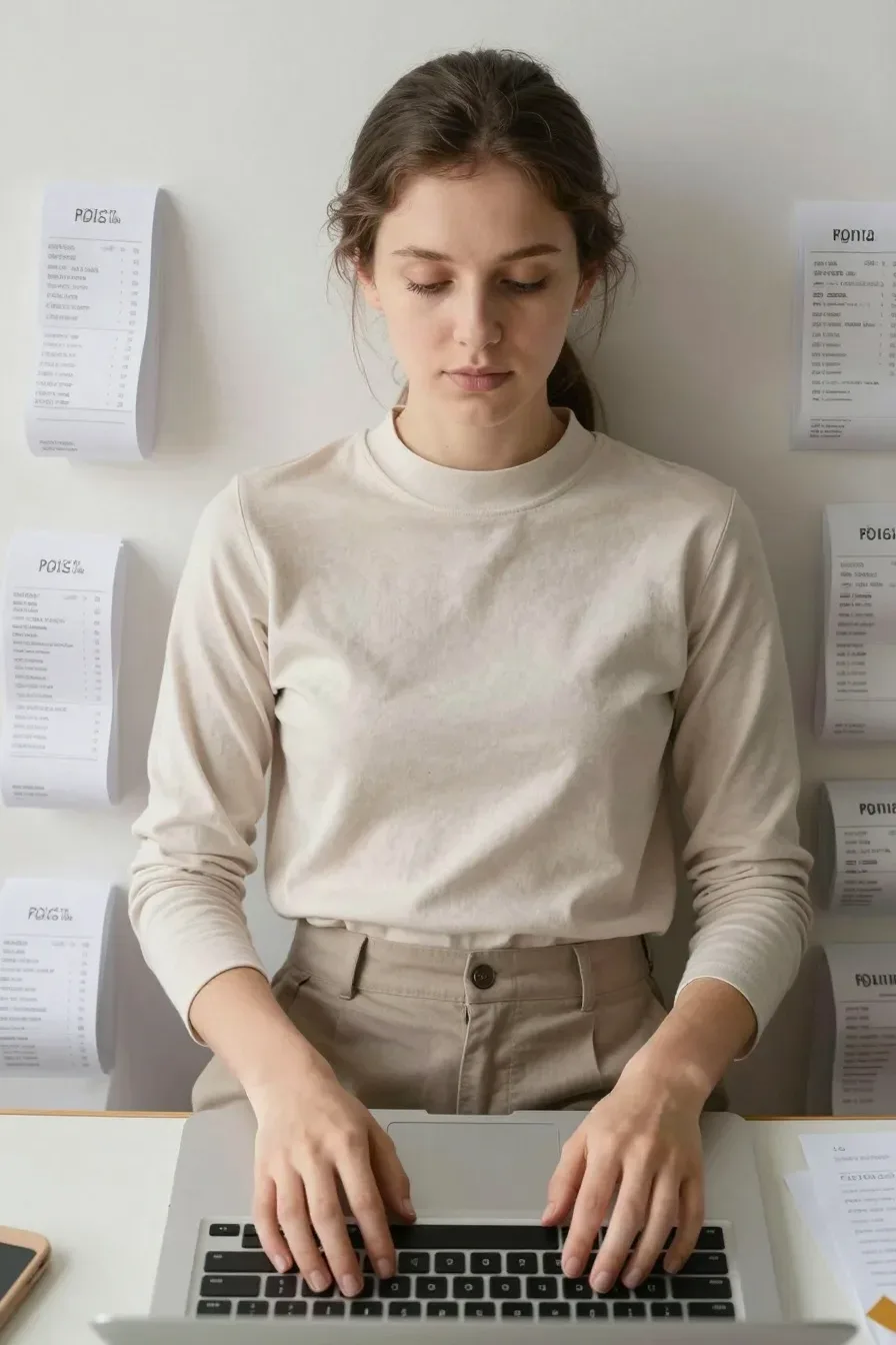 Overhead desk scene with receipts and papers being sorted into digital folders on a laptop, hands typing, soft ambient light, clean modern workspace, no text, no words, no letters, no watermark, no logo. wholesome family-friendly safe-for-work image. If any human appears, use tasteful modest everyday clothing with upper body, shoulders, chest, torso, waist and legs covered, natural simple relatable styling, calm neutral mood, appropriate for a general audience. high quality photorealistic image, sharp focus, natural true-to-life colors, coherent realistic anatomy, exactly two arms per visible person, exactly two hands per visible person, five fingers on each visible hand, one unique natural face per visible person, balanced facial symmetry, one clear main subject, uncluttered background, only props that directly match the article topic and section