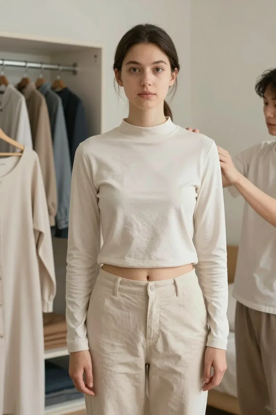 Three-quarter view of a person trying on clothes, a wardrobe with items in good condition in the background, casual bedroom setting, natural light, realistic fabric details, no text, no words, no letters, no watermark, no logo. wholesome family-friendly safe-for-work image. If any human appears, use tasteful modest everyday clothing with upper body, shoulders, chest, torso, waist and legs covered, natural simple relatable styling, calm neutral mood, appropriate for a general audience. high quality photorealistic image, sharp focus, natural true-to-life colors, coherent realistic anatomy, exactly two arms per visible person, exactly two hands per visible person, five fingers on each visible hand, one unique natural face per visible person, balanced facial symmetry, one clear main subject, uncluttered background, only props that directly match the article topic and section