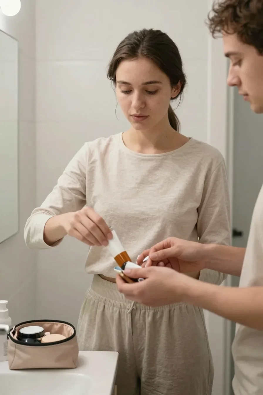 Shot of a makeup bag with expired products being pulled from a shelf, hands removing items, bright bathroom mirror light, realistic product textures, no text, no words, no letters, no watermark, no logo. wholesome family-friendly safe-for-work image. If any human appears, use tasteful modest everyday clothing with upper body, shoulders, chest, torso, waist and legs covered, natural simple relatable styling, calm neutral mood, appropriate for a general audience. high quality photorealistic image, sharp focus, natural true-to-life colors, coherent realistic anatomy, exactly two arms per visible person, exactly two hands per visible person, five fingers on each visible hand, one unique natural face per visible person, balanced facial symmetry, one clear main subject, uncluttered background, only props that directly match the article topic and section