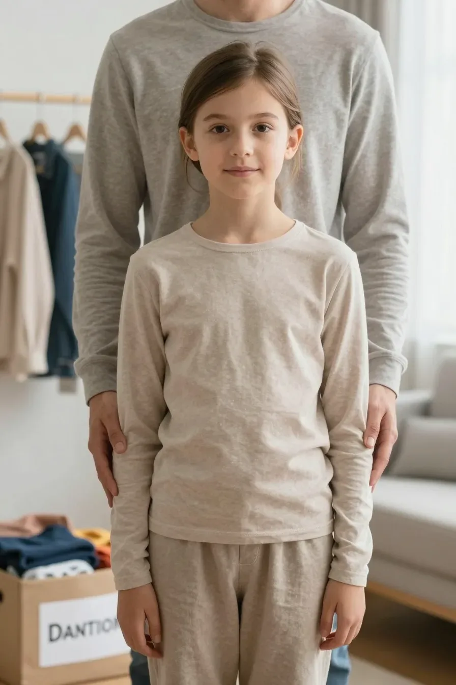 Outgrown clothes neatly sorted into a donation box with a hanger rack in the background, bright bedroom, natural light, casual attire, no text, no words, no letters, no watermark, no logo. wholesome family-friendly safe-for-work image. If any human appears, use tasteful modest everyday clothing with upper body, shoulders, chest, torso, waist and legs covered, natural simple relatable styling, calm neutral mood, appropriate for a general audience. high quality photorealistic image, sharp focus, natural true-to-life colors, coherent realistic anatomy, exactly two arms per visible person, exactly two hands per visible person, five fingers on each visible hand, one unique natural face per visible person, balanced facial symmetry, one clear main subject, uncluttered background, only props that directly match the article topic and section