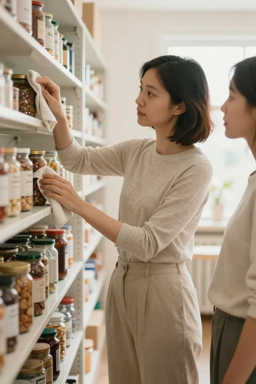 Three-quarter view of a woman inspecting pantry shelves, wiping a shelf with a cloth in a sunlit pantry, labeled jars and a few empties around, warm natural light, cozy home environment, no text, no words, no letters, no watermark, no logo. wholesome family-friendly safe-for-work image. If any human appears, use tasteful modest everyday clothing with upper body, shoulders, chest, torso, waist and legs covered, natural simple relatable styling, calm neutral mood, appropriate for a general audience. high quality photorealistic image, sharp focus, natural true-to-life colors, coherent realistic anatomy, exactly two arms per visible person, exactly two hands per visible person, five fingers on each visible hand, one unique natural face per visible person, balanced facial symmetry, one clear main subject, uncluttered background, only props that directly match the article topic and section