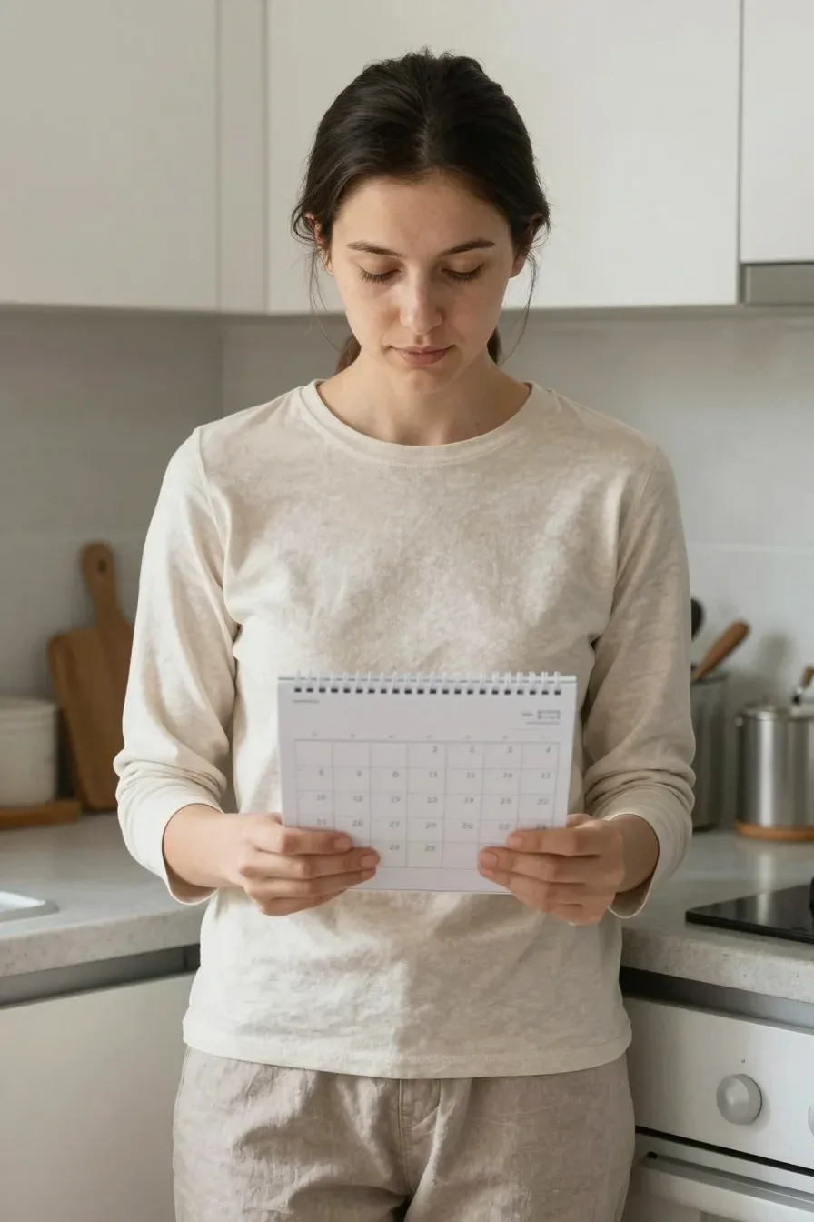 Person checking a calendar and setting a monthly declutter routine, cozy kitchen nook, soft morning light, candid and natural, no text, no words, no letters, no watermark, no logo. wholesome family-friendly safe-for-work image. If any human appears, use tasteful modest everyday clothing with upper body, shoulders, chest, torso, waist and legs covered, natural simple relatable styling, calm neutral mood, appropriate for a general audience. high quality photorealistic image, sharp focus, natural true-to-life colors, coherent realistic anatomy, exactly two arms per visible person, exactly two hands per visible person, five fingers on each visible hand, one unique natural face per visible person, balanced facial symmetry, one clear main subject, uncluttered background, only props that directly match the article topic and section