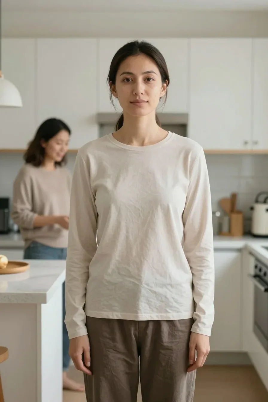 Wide-angle shot of a tidy kitchen with clear counters and minimal gadgets, friendly woman in casual clothes in the background, natural daylight, homey, no text, no words, no letters, no watermark, no logo. wholesome family-friendly safe-for-work image. If any human appears, use tasteful modest everyday clothing with upper body, shoulders, chest, torso, waist and legs covered, natural simple relatable styling, calm neutral mood, appropriate for a general audience. high quality photorealistic image, sharp focus, natural true-to-life colors, coherent realistic anatomy, exactly two arms per visible person, exactly two hands per visible person, five fingers on each visible hand, one unique natural face per visible person, balanced facial symmetry, one clear main subject, uncluttered background, only props that directly match the article topic and section