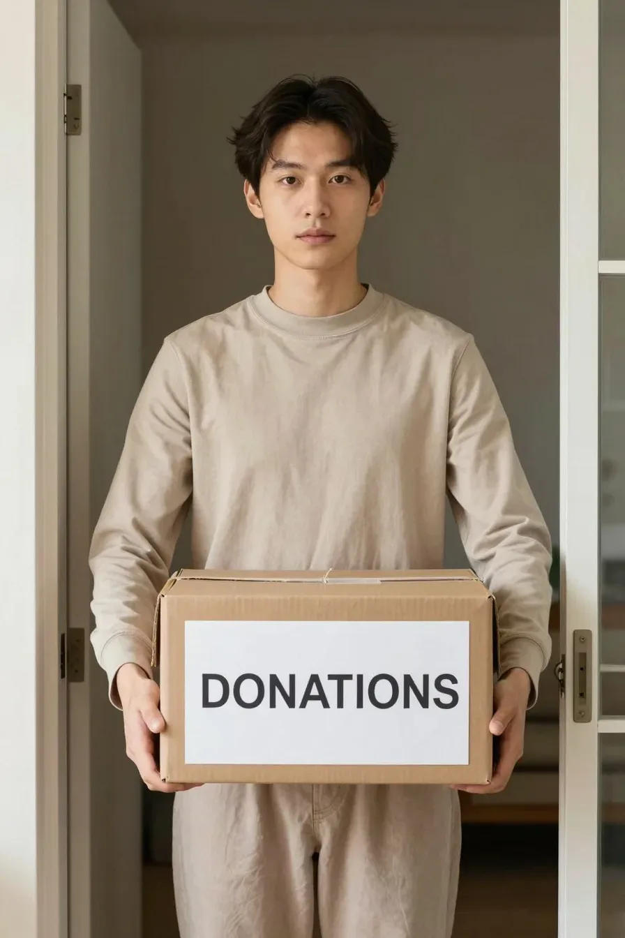 Close-up of a donation box being sealed in a doorway, hands visible, warm indoor lighting, home setting, realistic textures, no text, no words, no letters, no watermark, no logo. wholesome family-friendly safe-for-work image. If any human appears, use tasteful modest everyday clothing with upper body, shoulders, chest, torso, waist and legs covered, natural simple relatable styling, calm neutral mood, appropriate for a general audience. high quality photorealistic image, sharp focus, natural true-to-life colors, coherent realistic anatomy, exactly two arms per visible person, exactly two hands per visible person, five fingers on each visible hand, one unique natural face per visible person, balanced facial symmetry, one clear main subject, uncluttered background, only props that directly match the article topic and section