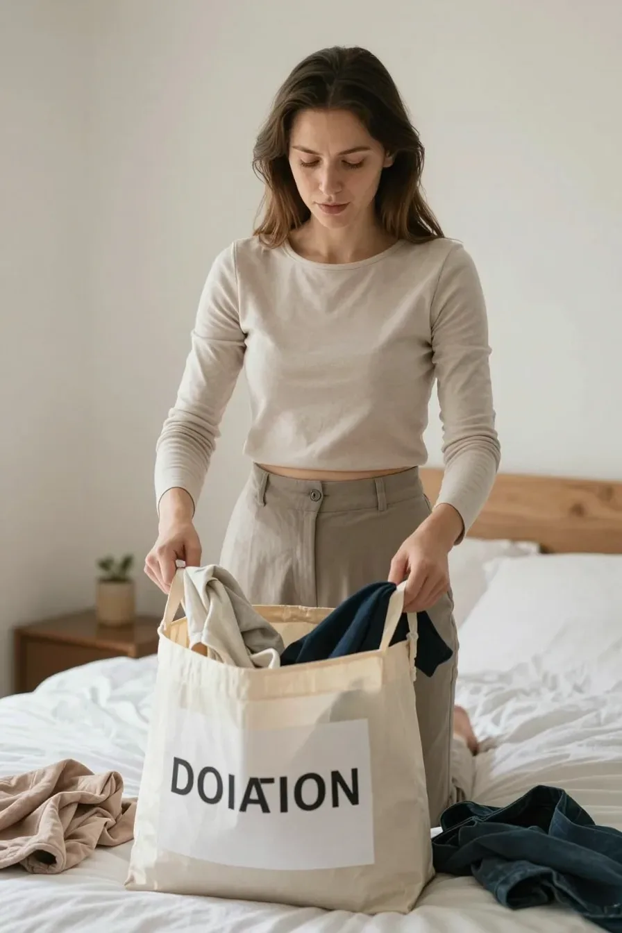 Full-body shot of a woman dropping a worn outfit into a labeled donation bag in a tidy bedroom, casual everyday clothes, soft morning light, uncluttered background, no text, no words, no letters, no watermark, no logo. wholesome family-friendly safe-for-work image. If any human appears, use tasteful modest everyday clothing with upper body, shoulders, chest, torso, waist and legs covered, natural simple relatable styling, calm neutral mood, appropriate for a general audience. high quality photorealistic image, sharp focus, natural true-to-life colors, coherent realistic anatomy, exactly two arms per visible person, exactly two hands per visible person, five fingers on each visible hand, one unique natural face per visible person, balanced facial symmetry, one clear main subject, uncluttered background, only props that directly match the article topic and section