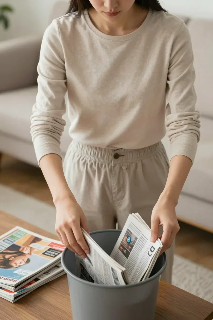 Overhead view of a coffee table with magazines and newspapers being sorted into a recycle bin, hands visible, warm indoor lighting, clean modern living room, no text, no words, no letters, no watermark, no logo. wholesome family-friendly safe-for-work image. If any human appears, use tasteful modest everyday clothing with upper body, shoulders, chest, torso, waist and legs covered, natural simple relatable styling, calm neutral mood, appropriate for a general audience. high quality photorealistic image, sharp focus, natural true-to-life colors, coherent realistic anatomy, exactly two arms per visible person, exactly two hands per visible person, five fingers on each visible hand, one unique natural face per visible person, balanced facial symmetry, one clear main subject, uncluttered background, only props that directly match the article topic and section