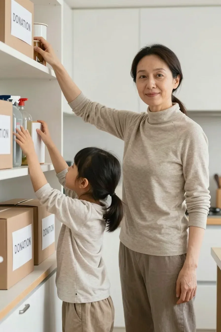 Medium shot of a person lining up essential kitchen tools on a shelf, a few duplicates boxed for donation, bright kitchen with natural light, candid arrangement, no text, no words, no letters, no watermark, no logo. wholesome family-friendly safe-for-work image. If any human appears, use tasteful modest everyday clothing with upper body, shoulders, chest, torso, waist and legs covered, natural simple relatable styling, calm neutral mood, appropriate for a general audience. high quality photorealistic image, sharp focus, natural true-to-life colors, coherent realistic anatomy, exactly two arms per visible person, exactly two hands per visible person, five fingers on each visible hand, one unique natural face per visible person, balanced facial symmetry, one clear main subject, uncluttered background, only props that directly match the article topic and section