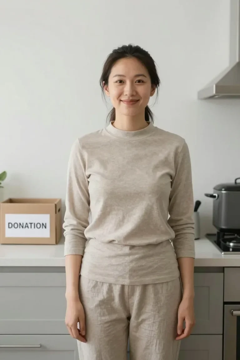 A calm, candid editorial shot of a cheerful woman standing in a bright, organized kitchen with a small donation box and neatly arranged gadgets on a counter, natural morning light, wide-angle domestic setting, realistic texture and detail, no text, no words, no letters, no watermark, no logo. wholesome family-friendly safe-for-work image. If any human appears, use tasteful modest everyday clothing with upper body, shoulders, chest, torso, waist and legs covered, natural simple relatable styling, calm neutral mood, appropriate for a general audience. high quality photorealistic image, sharp focus, natural true-to-life colors, coherent realistic anatomy, exactly two arms per visible person, exactly two hands per visible person, five fingers on each visible hand, one unique natural face per visible person, balanced facial symmetry, one clear main subject, uncluttered background, only props that directly match the article topic and section