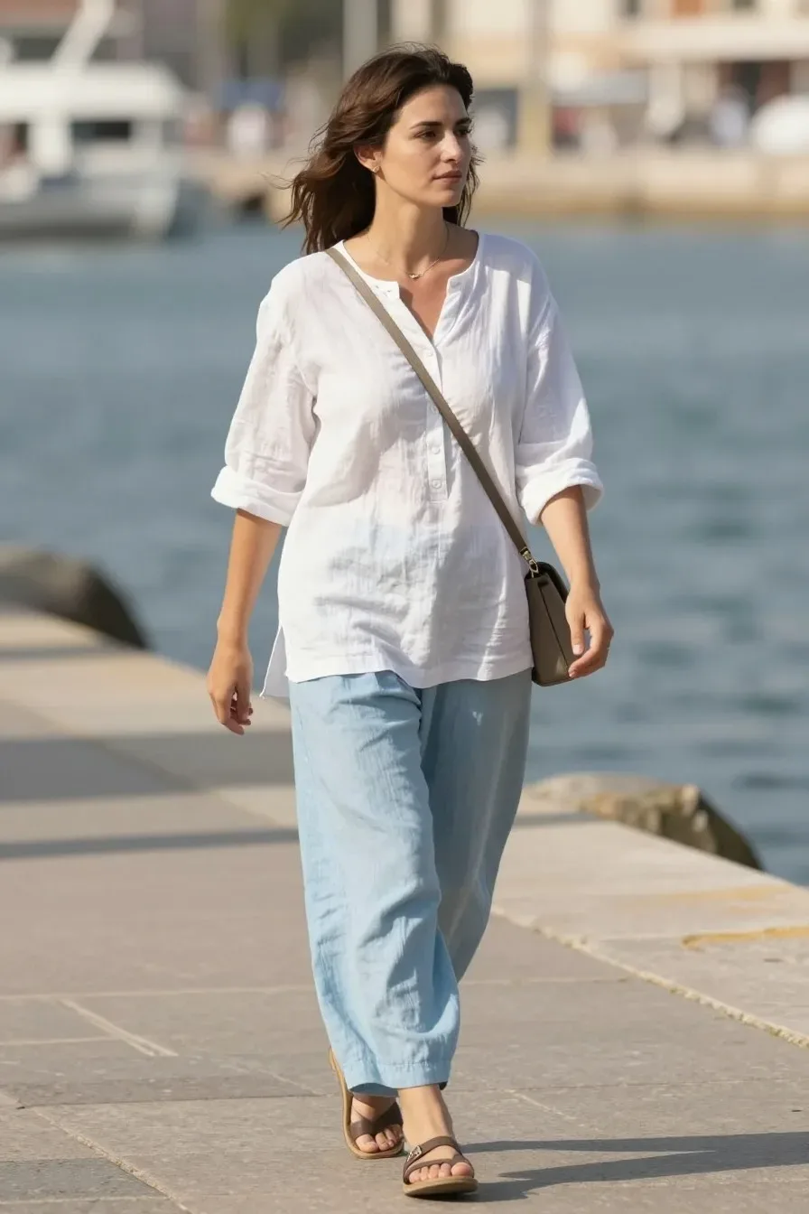 Three-quarter view of a casually elegant woman in a white linen tunic and pale blue wide-leg linen pants, strolling a breezy harbor promenade; soft sea breeze, crossbody bag, minimal jewelry, classic sandals; mid-shot, warm midday light, natural street scene, real person. fully clothed in tasteful modest everyday clothing, wholesome, family-friendly, safe for work, no nudity, no bare chest, no exposed skin beyond face and hands, non-sexual, appropriate. no text, no words, no letters, no watermark, no logo