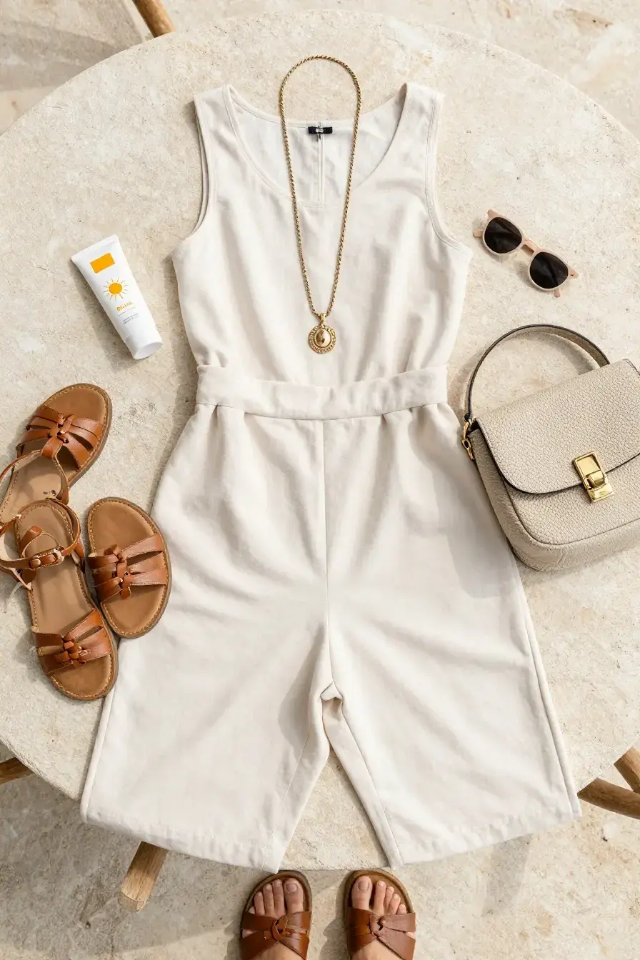 Flat-lay/close-up style on a sun-drenched stone table: cream jumpsuit with a long necklace and a small bag, stylish sandals arranged beside, sunglasses and sunblock subtly placed; no person, focus on outfit details, bright natural light, real clothing textures. fully clothed in tasteful modest everyday clothing, wholesome, family-friendly, safe for work, no nudity, no bare chest, no exposed skin beyond face and hands, non-sexual, appropriate. no text, no words, no letters, no watermark, no logo