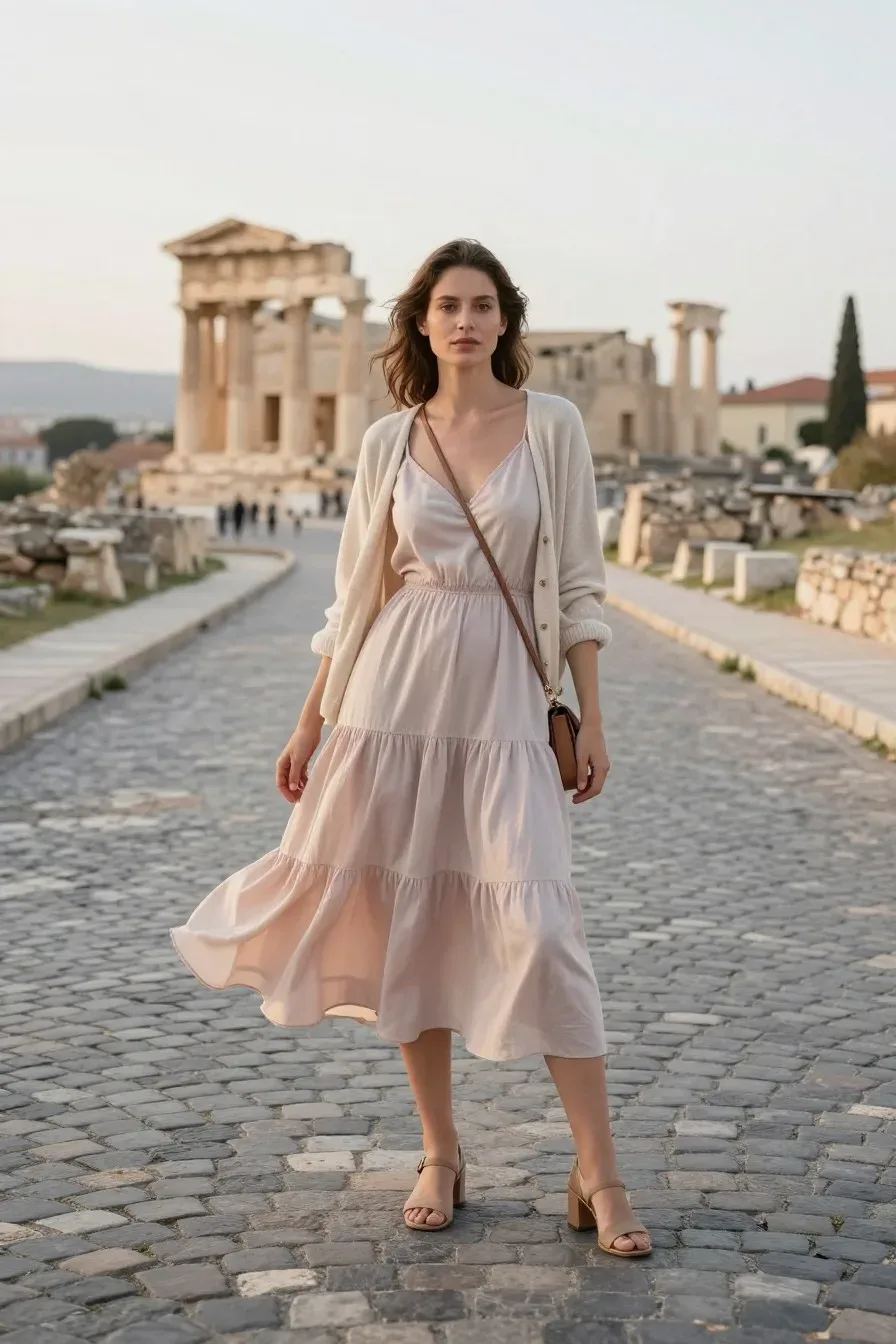Wide environmental shot: tiered midi dress in soft pastel with a light cardigan, model standing on a cobblestone street with ancient ruins in the distance; breeze lifts the dress, crossbody bag, stability with block heels; morning light, expansive mood, real person. fully clothed in tasteful modest everyday clothing, wholesome, family-friendly, safe for work, no nudity, no bare chest, no exposed skin beyond face and hands, non-sexual, appropriate. no text, no words, no letters, no watermark, no logo