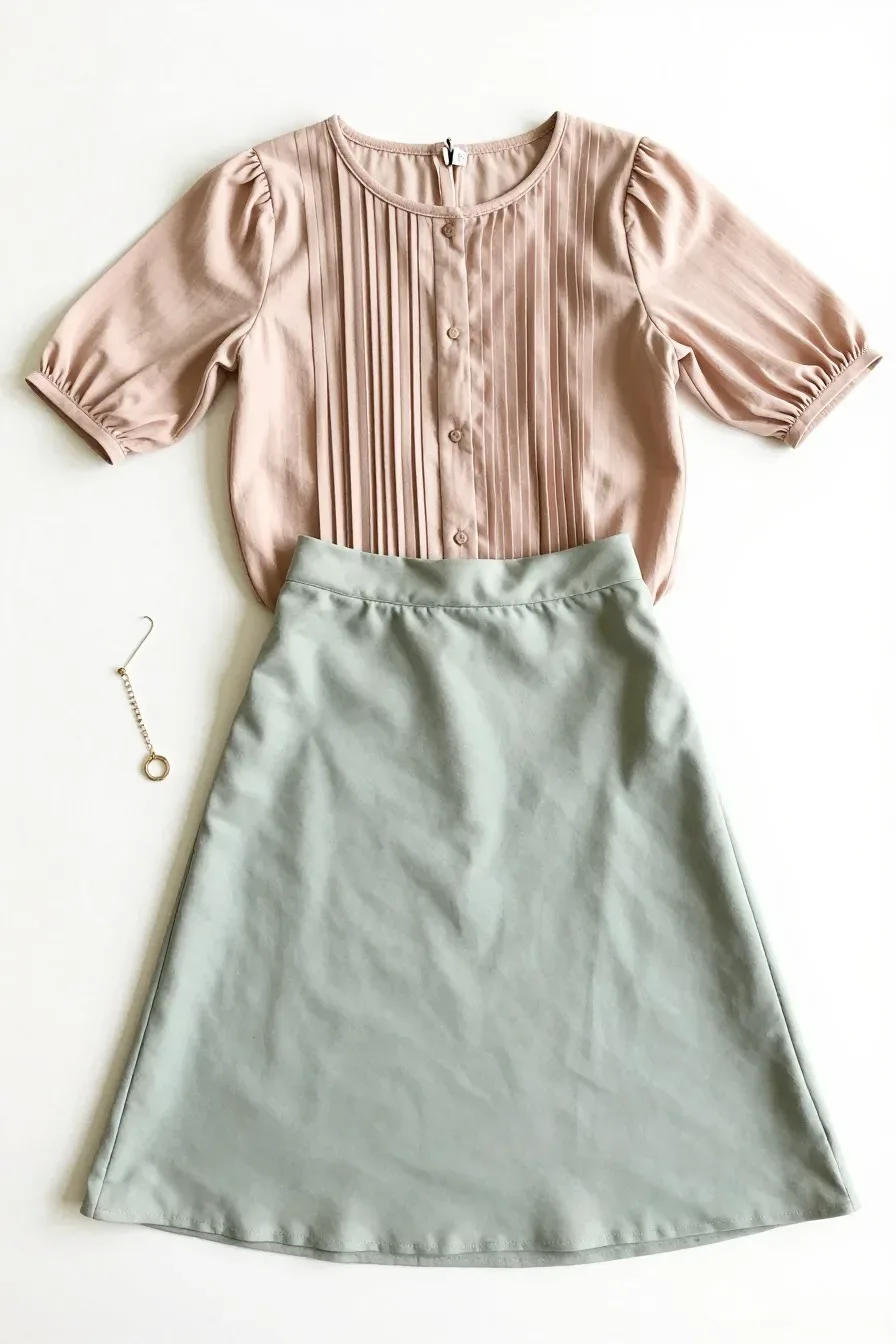 Top-down view of a skirt and pleated blouse set laid out on a white surface to evoke styling options; smooth fabric textures, delicate jewelry nearby, color palette in sage and blush; flat lay, bright studio light, no people. fully clothed in tasteful modest everyday clothing, wholesome, family-friendly, safe for work, no nudity, no bare chest, no exposed skin beyond face and hands, non-sexual, appropriate. no text, no words, no letters, no watermark, no logo