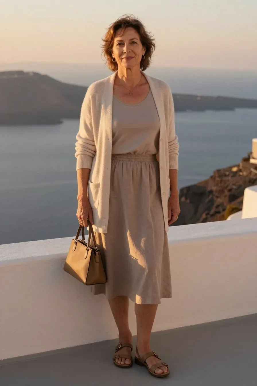 Cozy evening scene: a woman over 50 wearing a lightweight cardigan over a sleeveless top and a midi skirt, standing near a caldera-view terrace with soft lighting; warm hues, compact handbag, comfortable sandals; close-to-mid shot, golden-hour glow, real person. fully clothed in tasteful modest everyday clothing, wholesome, family-friendly, safe for work, no nudity, no bare chest, no exposed skin beyond face and hands, non-sexual, appropriate. no text, no words, no letters, no watermark, no logo