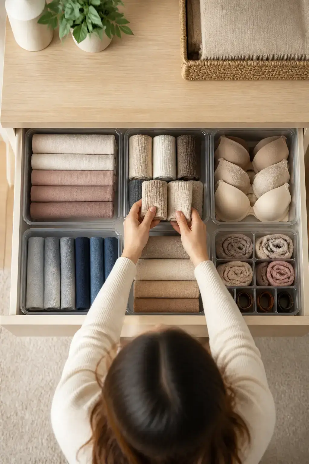 Top-down shot of a neatly organized dresser with transparent boxes and labeled bins, person&rsquo;s hands arranging items, clean, uncluttered aesthetic, soft morning light; no text, no words, no letters, no watermark, no logo. fully clothed in tasteful modest everyday clothing, wholesome, family-friendly, safe for work, no nudity, no bare chest, no exposed skin beyond face and hands, non-sexual, appropriate