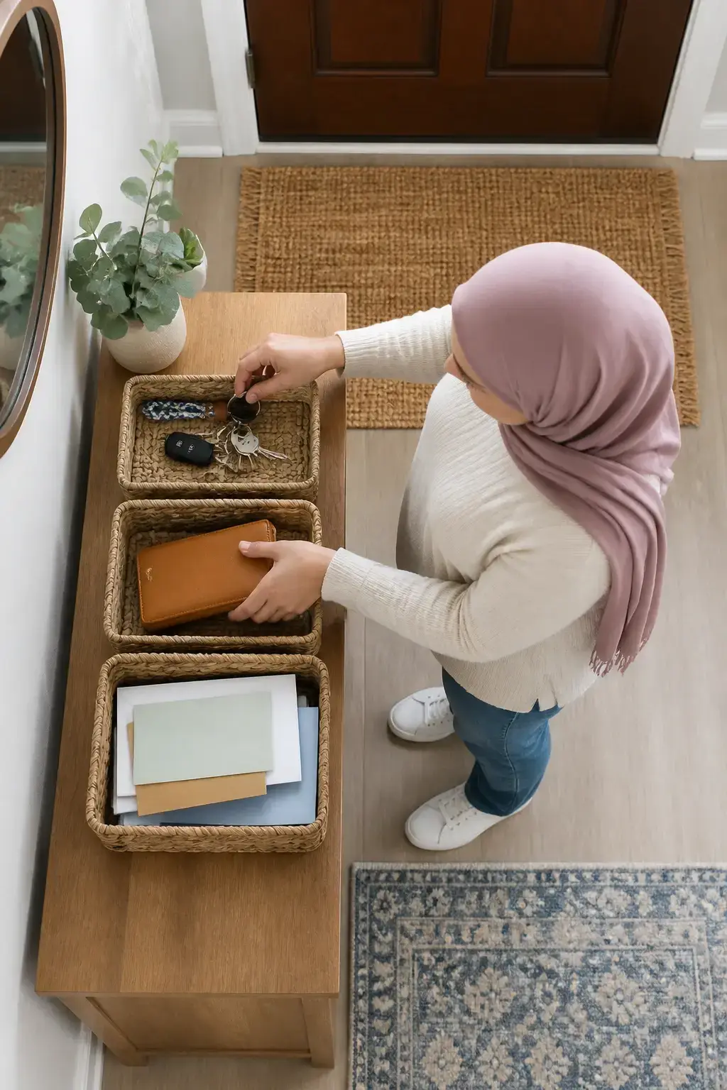 Flat-lay style shot of a door area with keys, wallet, mail organized in labeled baskets near the door. overhead view, clean surfaces, soft diffused daylight, crisp colors; no text, no words, no letters, no watermark, no logo. fully clothed in tasteful modest everyday clothing, wholesome, family-friendly, safe for work, no nudity, no bare chest, no exposed skin beyond face and hands, non-sexual, appropriate