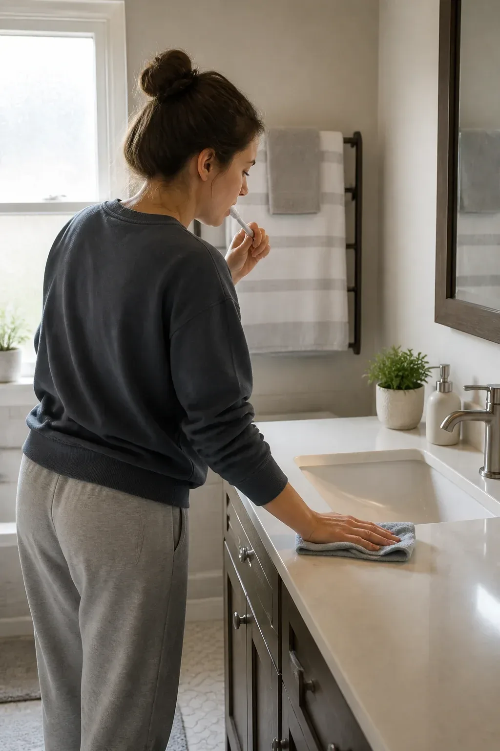 Over-the-shoulder view of someone tidying a bathroom while brushing teeth, towel rack in background, small wipe-down cloth in hand, morning light through frosted window; documentary-style portrait with visible hands; no text, no words, no letters, no watermark, no logo. fully clothed in tasteful modest everyday clothing, wholesome, family-friendly, safe for work, no nudity, no bare chest, no exposed skin beyond face and hands, non-sexual, appropriate