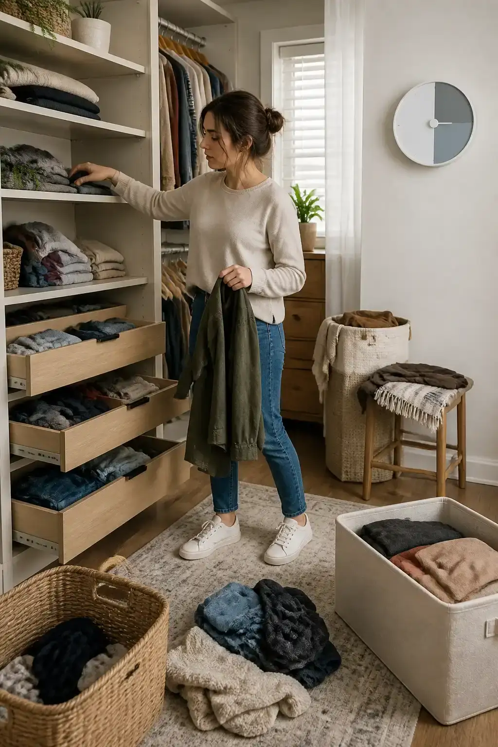 Wide environmental shot of a closet being decluttered during a 20&ndash;30 minute sprint; person stands amid open shelves with a timer on the wall, soft ambient light, sense of focus and calm; no text, no words, no letters, no watermark, no logo. fully clothed in tasteful modest everyday clothing, wholesome, family-friendly, safe for work, no nudity, no bare chest, no exposed skin beyond face and hands, non-sexual, appropriate