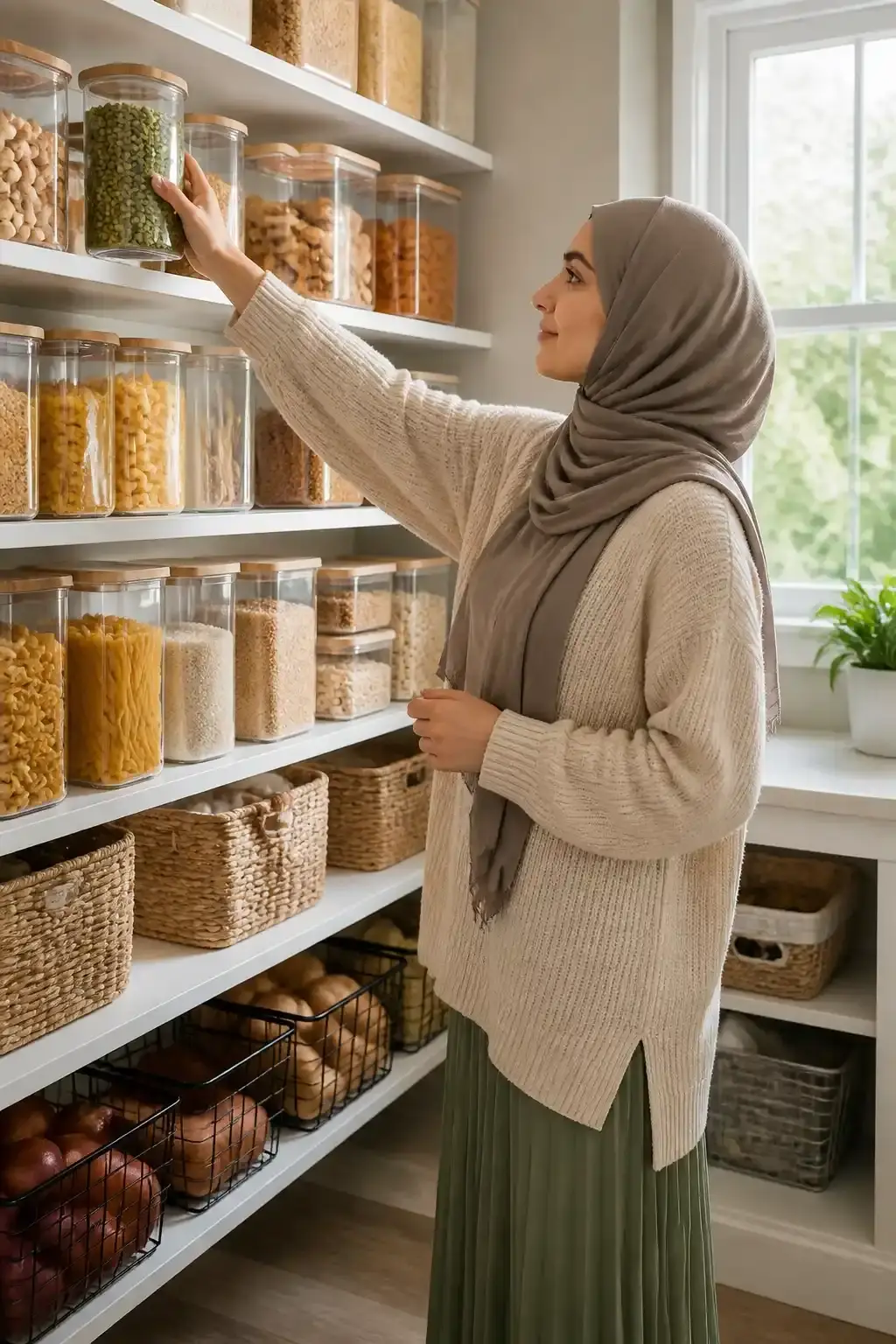 Bright pantry scene showing transparent storage jars with clearly visible contents and labeled tags, person reaching for a item, clean shelves, daylight from a window; crisp, utilitarian yet warm; no text, no words, no letters, no watermark, no logo. fully clothed in tasteful modest everyday clothing, wholesome, family-friendly, safe for work, no nudity, no bare chest, no exposed skin beyond face and hands, non-sexual, appropriate