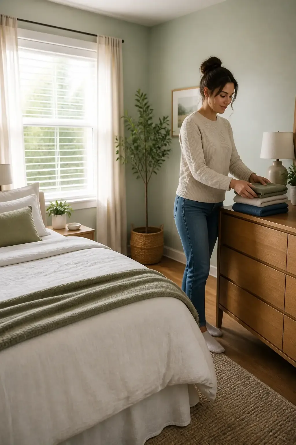 Morning routine scene: bed neatly made, open blinds, clothes folded by the dresser, soft natural light filling the room; serene, minimal decor with a calm color palette; no text, no words, no letters, no watermark, no logo. fully clothed in tasteful modest everyday clothing, wholesome, family-friendly, safe for work, no nudity, no bare chest, no exposed skin beyond face and hands, non-sexual, appropriate