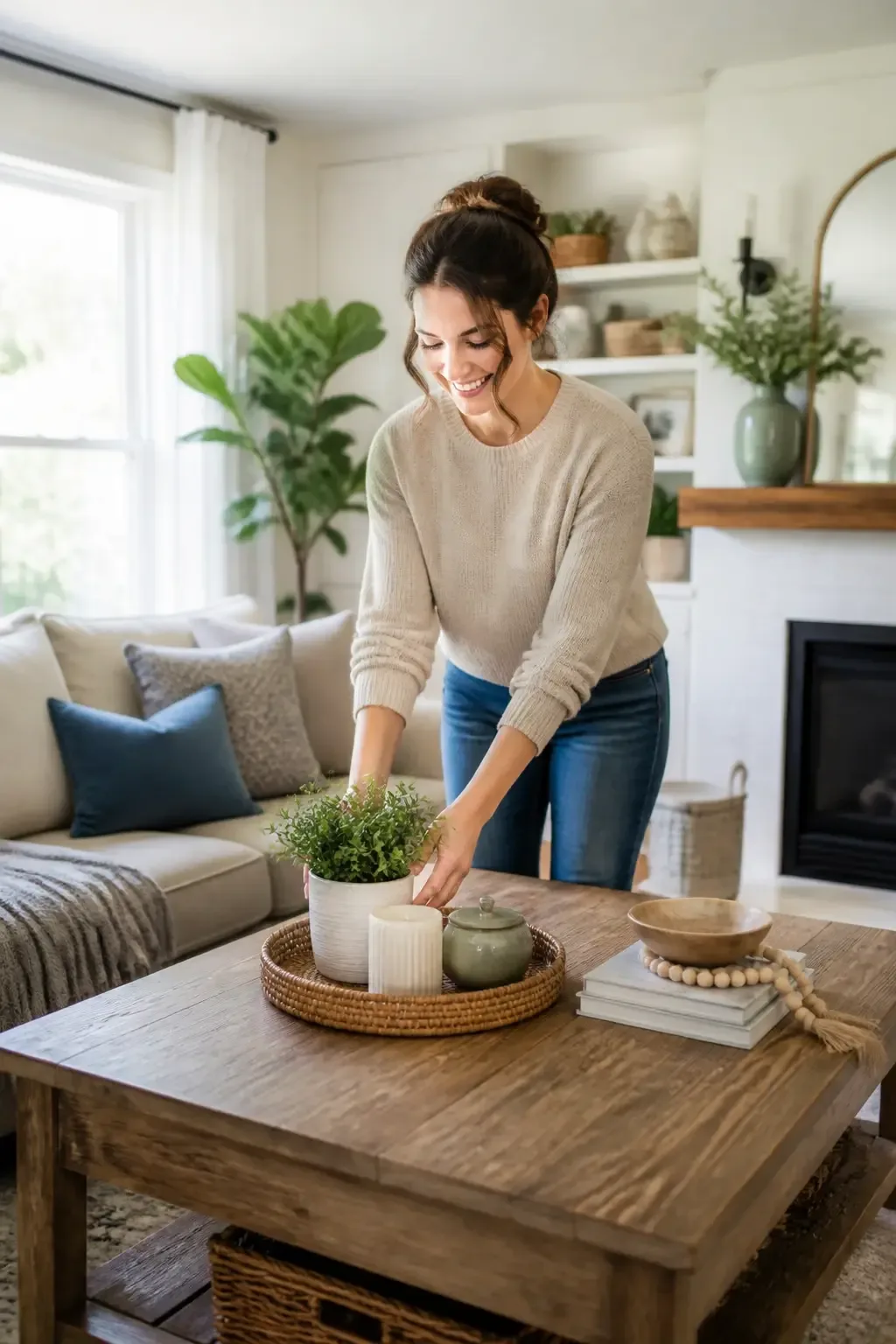 A bright, inviting living room scene featuring a relaxed, smiling homeowner organizing a tidy space. She stands by a coffee table with a small tray and neatly arranged decor, warm natural light from a window, homey vibe with plants; wide-angle, natural realism, no text, no words, no letters, no watermark, no logo. fully clothed in tasteful modest everyday clothing, wholesome, family-friendly, safe for work, no nudity, no bare chest, no exposed skin beyond face and hands, non-sexual, appropriate