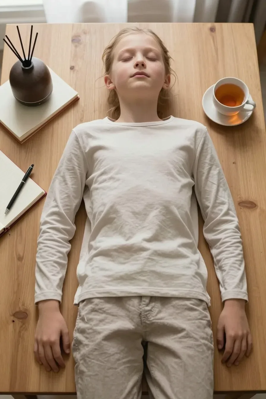 Flat-lay of a calming home routine: journal, pen, diffuser, and a cup of tea arranged on a wooden table; natural light from a window; no people, hands visible arranging items; no text, no words, no letters, no watermark, no logo. wholesome family-friendly safe-for-work image. If any human appears, use tasteful modest everyday clothing with upper body, shoulders, chest, torso, waist and legs covered, natural simple relatable styling, calm neutral mood, appropriate for a general audience. high quality photorealistic image, sharp focus, natural true-to-life colors, coherent realistic anatomy, exactly two arms per visible person, exactly two hands per visible person, five fingers on each visible hand, one unique natural face per visible person, balanced facial symmetry, one clear main subject, uncluttered background, only props that directly match the article topic and section