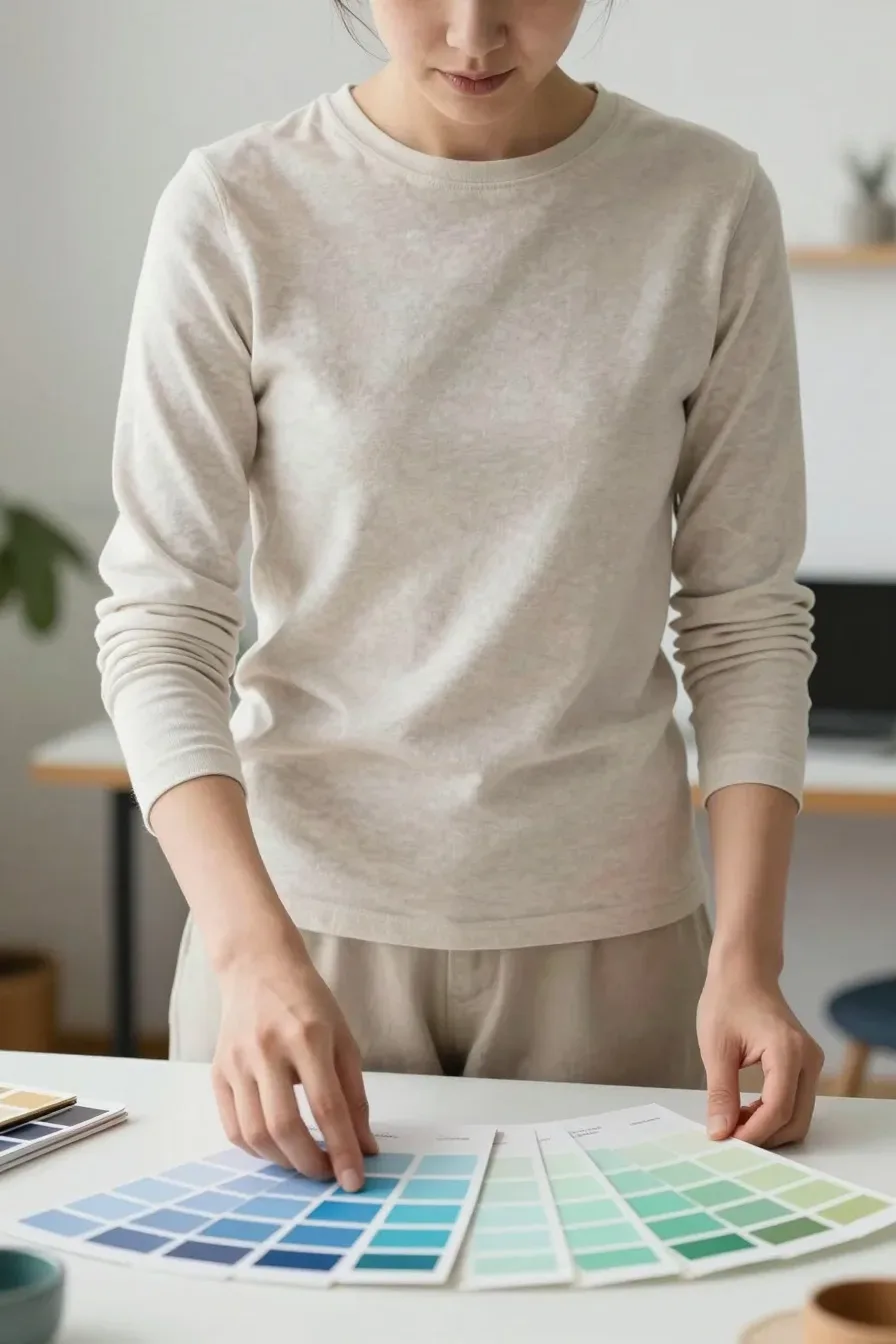 Three-quarter view of a person selecting calming paint swatches in a bright, organized home office; color swatches in blues and greens on a clean table, natural daylight, close-up feel with two color chips in focus; no text, no words, no letters, no watermark, no logo. wholesome family-friendly safe-for-work image. If any human appears, use tasteful modest everyday clothing with upper body, shoulders, chest, torso, waist and legs covered, natural simple relatable styling, calm neutral mood, appropriate for a general audience. high quality photorealistic image, sharp focus, natural true-to-life colors, coherent realistic anatomy, exactly two arms per visible person, exactly two hands per visible person, five fingers on each visible hand, one unique natural face per visible person, balanced facial symmetry, one clear main subject, uncluttered background, only props that directly match the article topic and section
