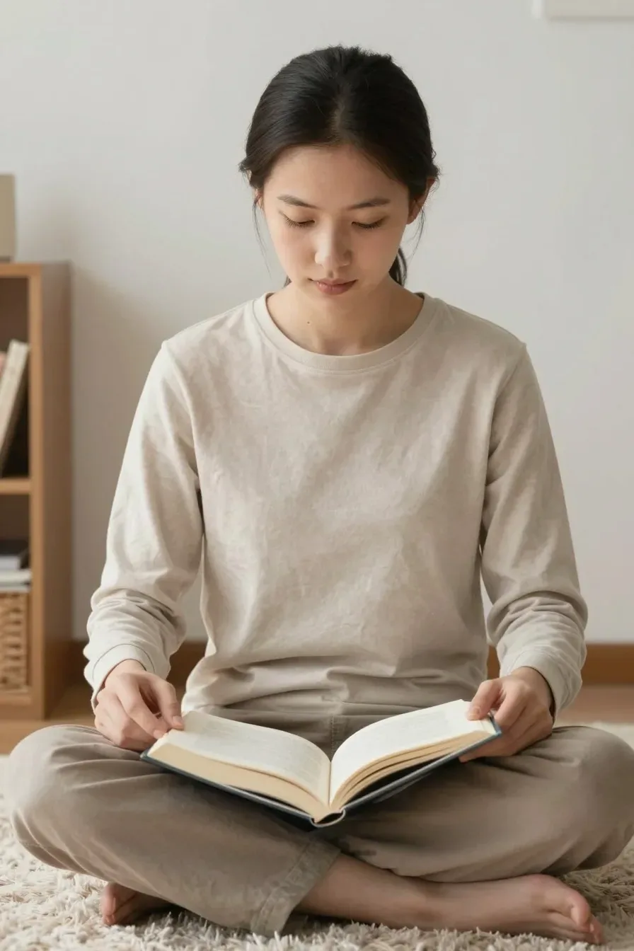 Person seated in a cozy wind-down corner with a soft rug, blanket, and a small bookshelf nearby; warm lamplight creates gentle shadows; close-up on hands opening a book, candid and relatable; no text, no words, no letters, no watermark, no logo. wholesome family-friendly safe-for-work image. If any human appears, use tasteful modest everyday clothing with upper body, shoulders, chest, torso, waist and legs covered, natural simple relatable styling, calm neutral mood, appropriate for a general audience. high quality photorealistic image, sharp focus, natural true-to-life colors, coherent realistic anatomy, exactly two arms per visible person, exactly two hands per visible person, five fingers on each visible hand, one unique natural face per visible person, balanced facial symmetry, one clear main subject, uncluttered background, only props that directly match the article topic and section