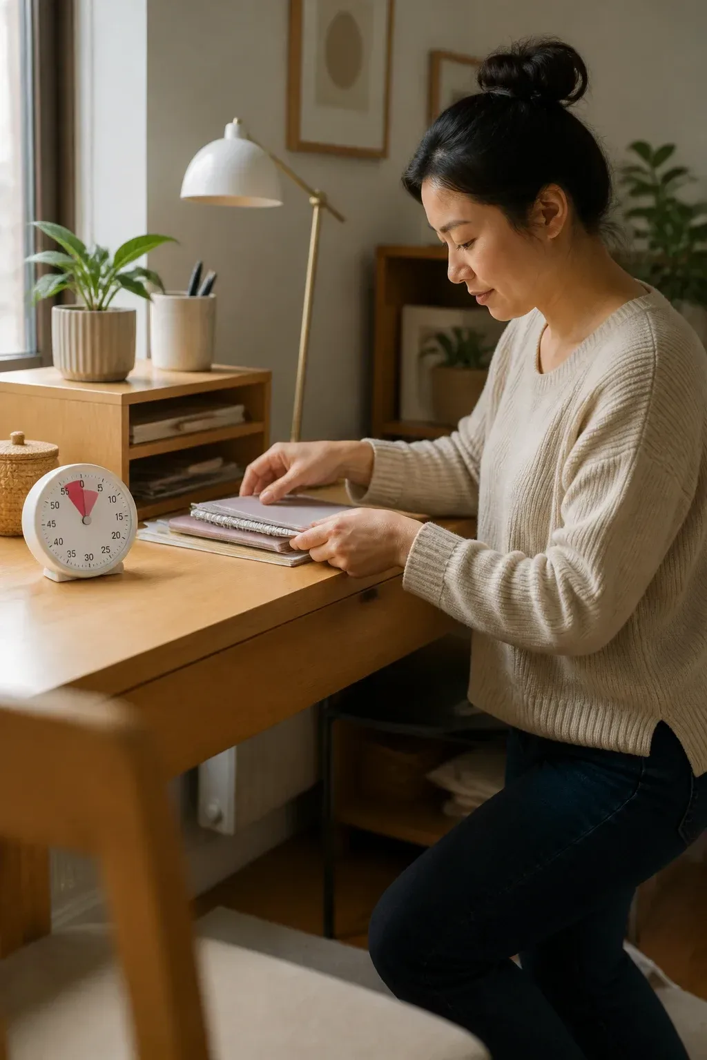 Cozy desk corner with a tidy 10-minute burst in progress; a person kneels slightly to organize a cluttered desk, clock shows 10 minutes, gentle afternoon light, minimalist decor, handheld perspective close to the scene, realism cue: clear skin and natural expression, no text, no words, no letters, no watermark, no logo. fully clothed in tasteful modest everyday clothing, wholesome, family-friendly, safe for work, no nudity, no bare chest, no exposed skin beyond face and hands, non-sexual, appropriate