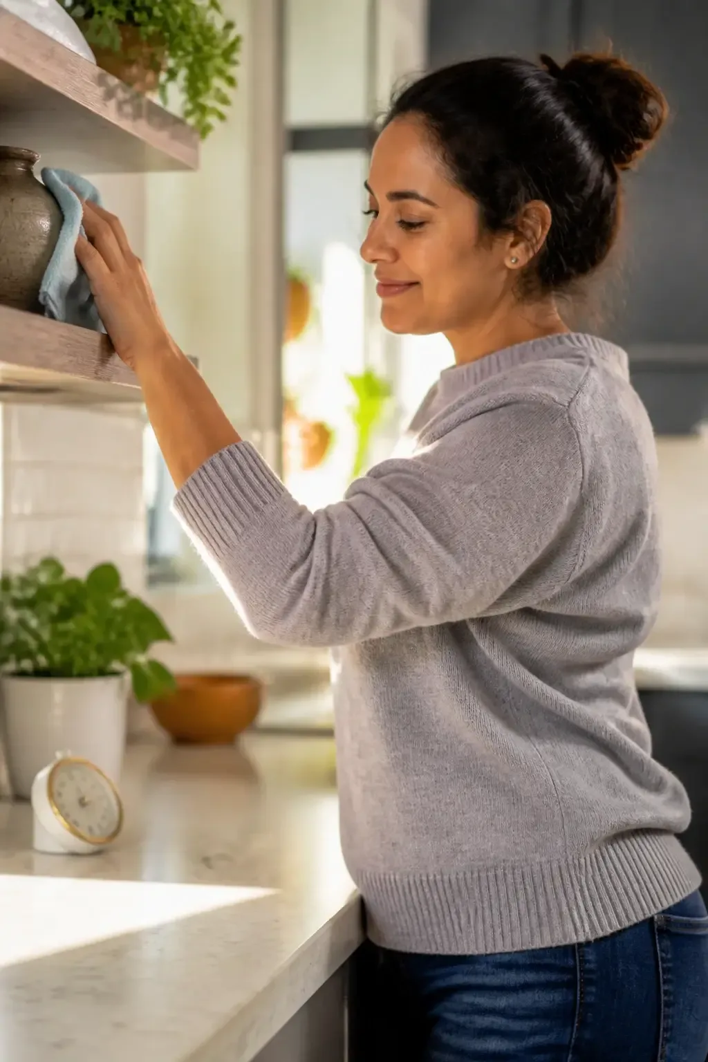 Three-quarter profile of a person pausing from a tidy-up, wiping a shelf with a microfiber cloth in a sunlit kitchen, bright countertops, timer visible in shot, shallow depth of field, candid warmth, realism cue: organic imperfections visible, no text, no words, no letters, no watermark, no logo. fully clothed in tasteful modest everyday clothing, wholesome, family-friendly, safe for work, no nudity, no bare chest, no exposed skin beyond face and hands, non-sexual, appropriate