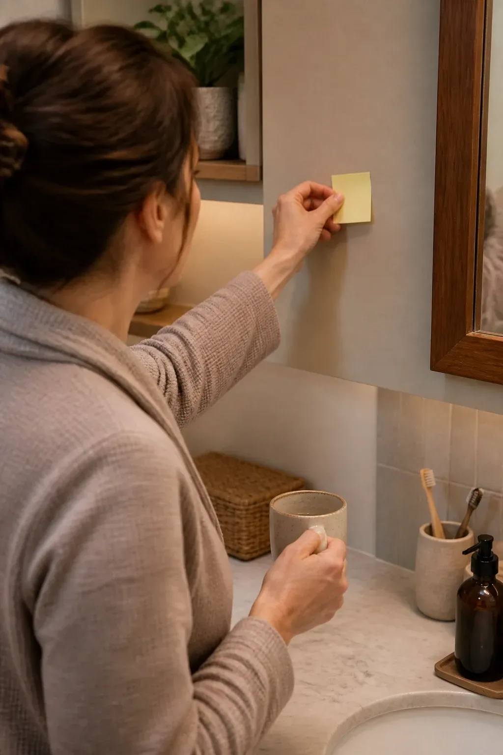 Over-the-shoulder view of someone placing a small post-it task after brushing teeth, coffee cup in frame, neutral-toned bathroom/kitchen backdrop, balanced composition, soft morning light, realism cue: natural wrinkles and skin tone, no text, no words, no letters, no watermark, no logo. fully clothed in tasteful modest everyday clothing, wholesome, family-friendly, safe for work, no nudity, no bare chest, no exposed skin beyond face and hands, non-sexual, appropriate