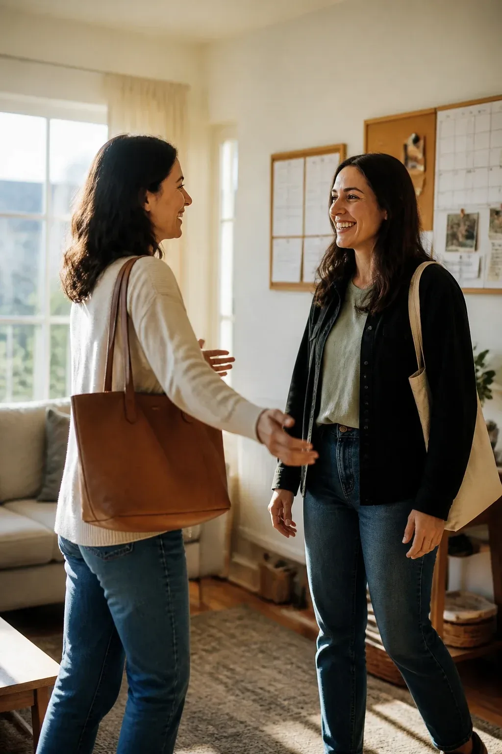 Wide environmental shot: a person meeting a friend in a sunlit living room, both smiling, calendar/targets visible on wall, casual attire, relaxed composition, warm glow, realism cue: real faces and body language, no text, no words, no letters, no watermark, no logo. fully clothed in tasteful modest everyday clothing, wholesome, family-friendly, safe for work, no nudity, no bare chest, no exposed skin beyond face and hands, non-sexual, appropriate