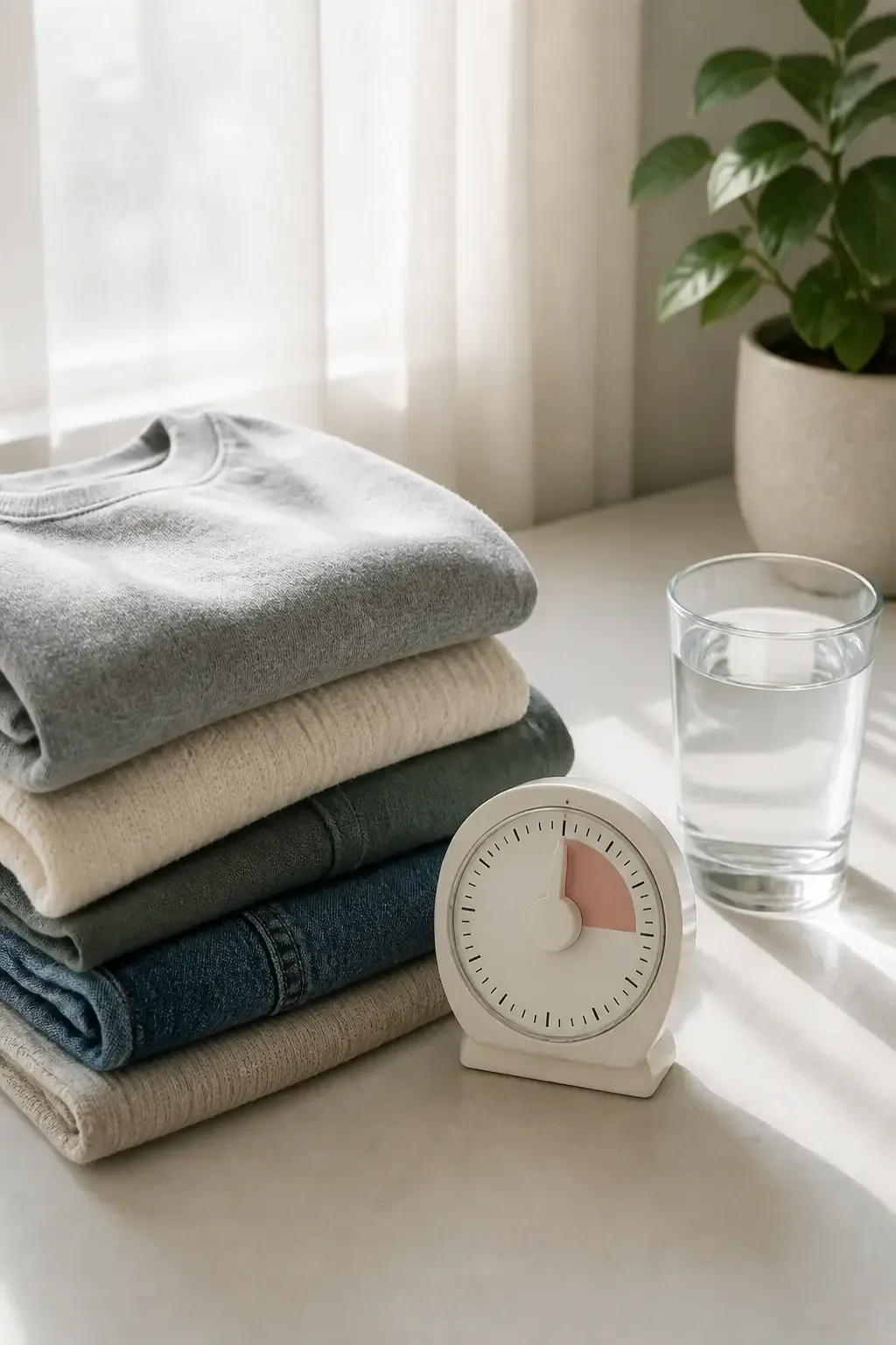 Flat-lay style close-up of two-minute tasks: folded laundry, a timer, a cup of water on a clean surface, soft morning light from window, neutral palette, composition focused on props, realism cue: textures of fabric and glass clear, no text, no words, no letters, no watermark, no logo. fully clothed in tasteful modest everyday clothing, wholesome, family-friendly, safe for work, no nudity, no bare chest, no exposed skin beyond face and hands, non-sexual, appropriate