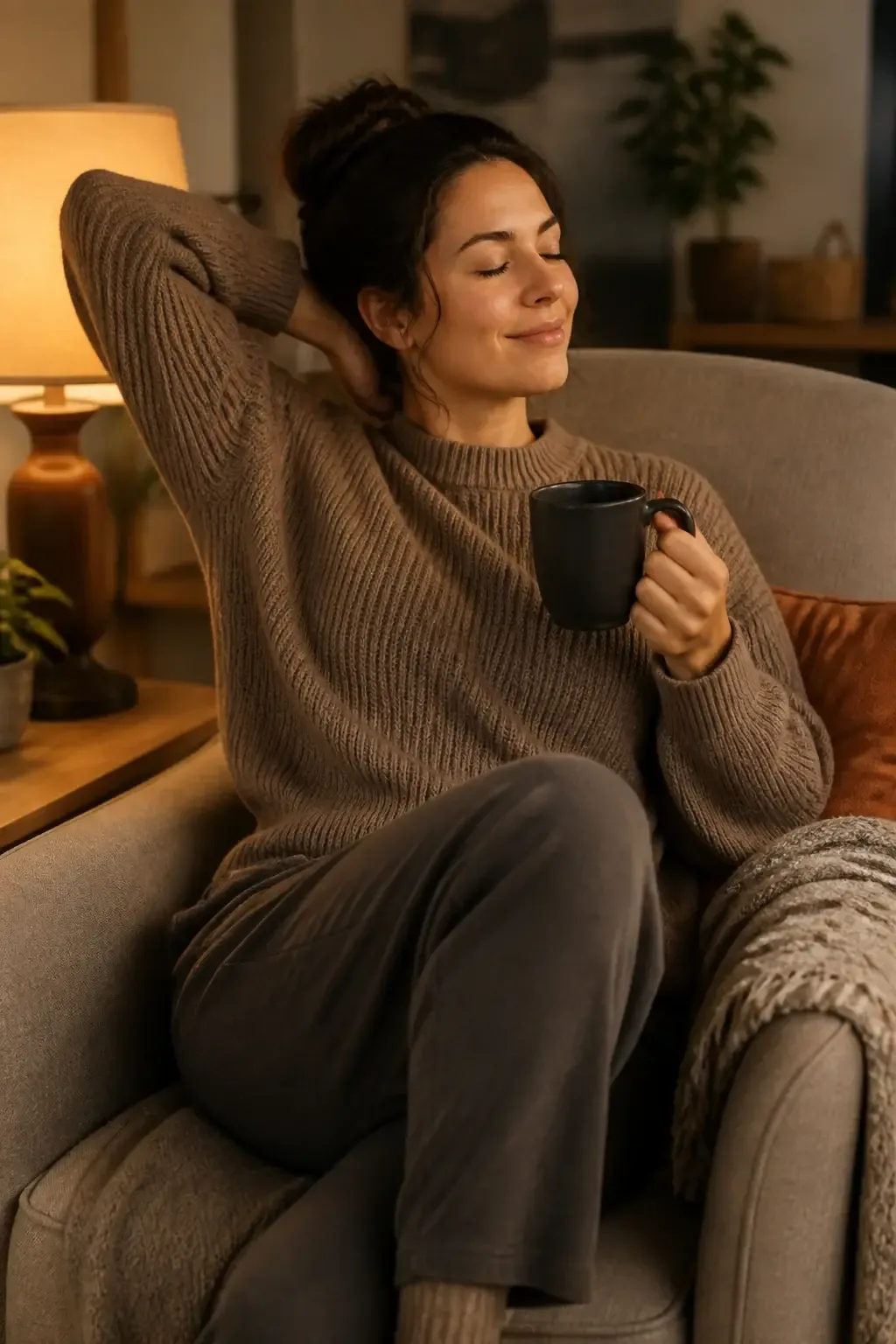 Cozy indoor pause moment: a person seated in a comfy chair with a hot beverage and a short stretch, ambient lamp lighting, warm color palette, intimate close-up of calm face and relaxed posture, realism cue: natural skin tones and subtle expression, no text, no words, no letters, no watermark, no logo. fully clothed in tasteful modest everyday clothing, wholesome, family-friendly, safe for work, no nudity, no bare chest, no exposed skin beyond face and hands, non-sexual, appropriate