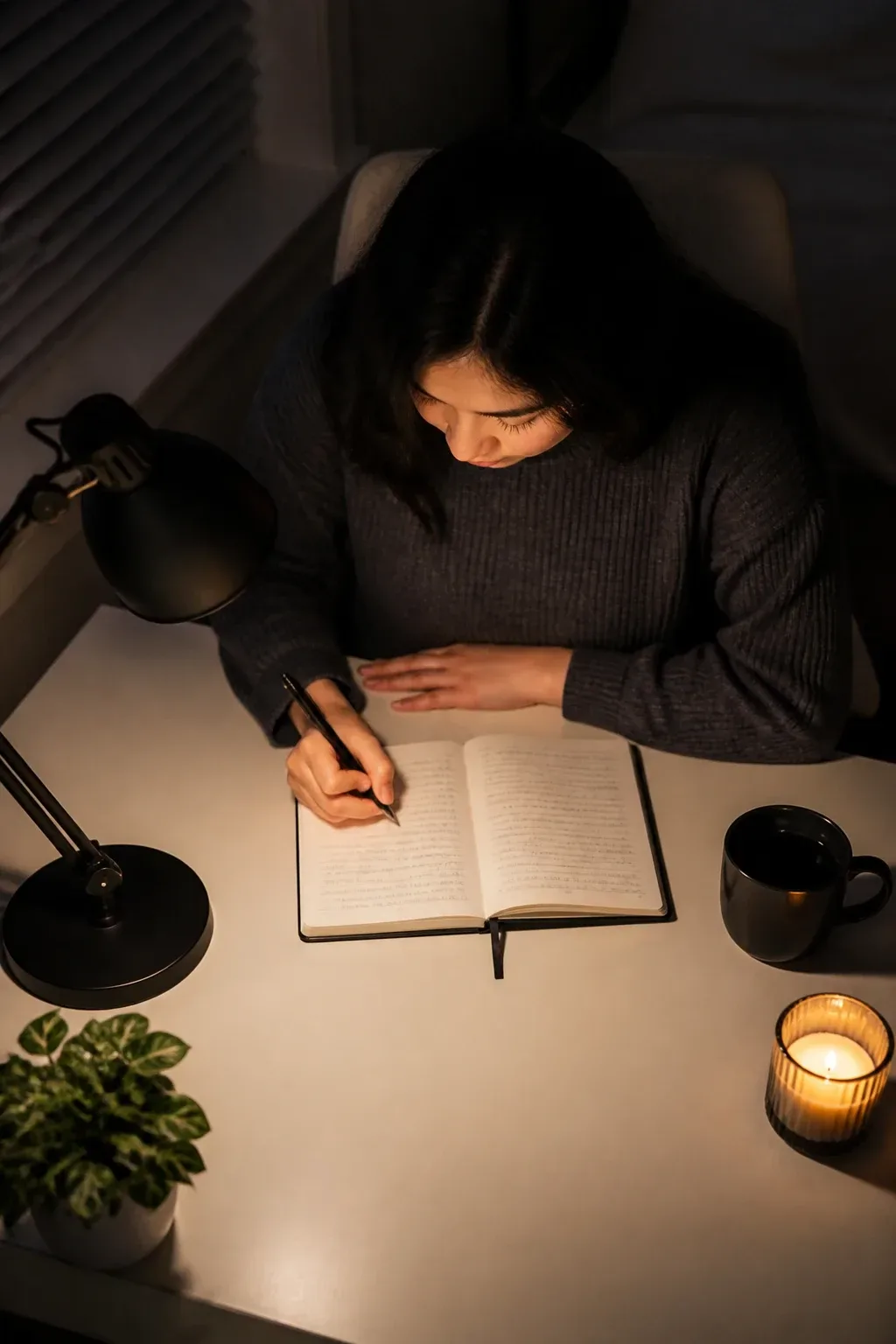 Minimalist reflection shot: a person journaling at a clean desk at night, soft desk lamp, notebook open with short reflections visible (but no writing legible), tranquil mood, top-down angle, crisp focus, realism cue: authentic nighttime lighting and shadows, no text, no words, no letters, no watermark, no logo. fully clothed in tasteful modest everyday clothing, wholesome, family-friendly, safe for work, no nudity, no bare chest, no exposed skin beyond face and hands, non-sexual, appropriate