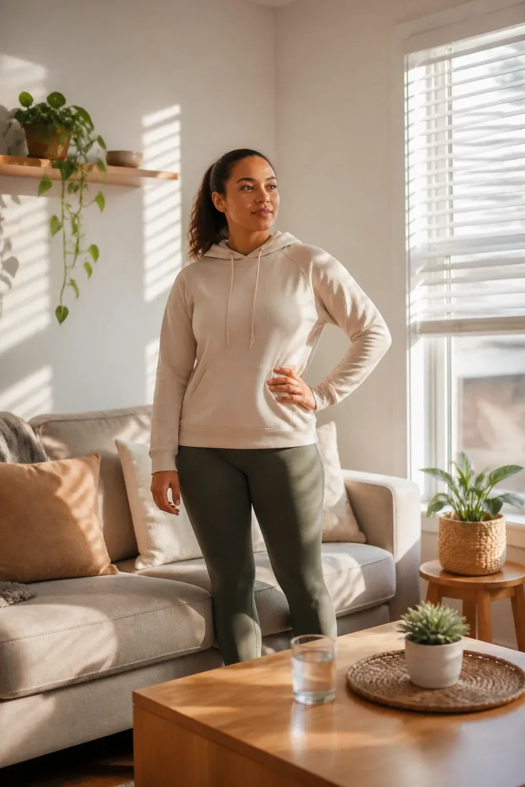 Hero shot of a confident person standing in a bright living room, casually dressed, about to start a five-minute morning reset with a glass of water on a neat coffee table; warm morning light streams through blinds, soft shadows, wide-angle crop, natural vibe, photo realism cue: genuine human lighting and texture, no text, no words, no letters, no watermark, no logo. fully clothed in tasteful modest everyday clothing, wholesome, family-friendly, safe for work, no nudity, no bare chest, no exposed skin beyond face and hands, non-sexual, appropriate