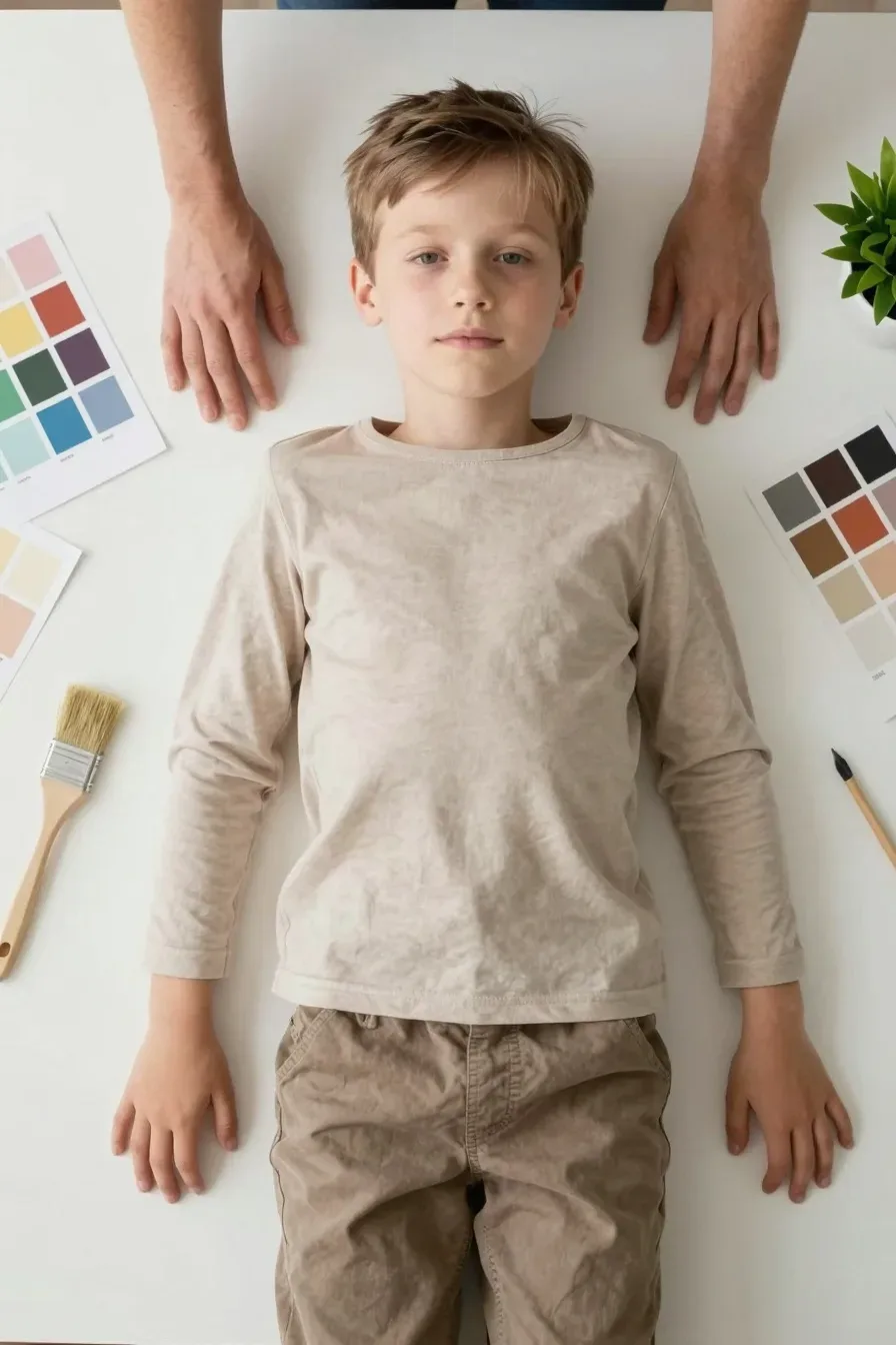 Flat-lay of a small home decor project: paint swatches, brush, sample poster, and a plant sitting on a clean desk, white background, real hands visible; no text, no words, no letters, no watermark, no logo. wholesome family-friendly safe-for-work image. If any human appears, use tasteful modest everyday clothing with upper body, shoulders, chest, torso, waist and legs covered, natural simple relatable styling, calm neutral mood, appropriate for a general audience. high quality photorealistic image, sharp focus, natural true-to-life colors, coherent realistic anatomy, exactly two arms per visible person, exactly two hands per visible person, five fingers on each visible hand, one unique natural face per visible person, balanced facial symmetry, one clear main subject, uncluttered background, only props that directly match the article topic and section