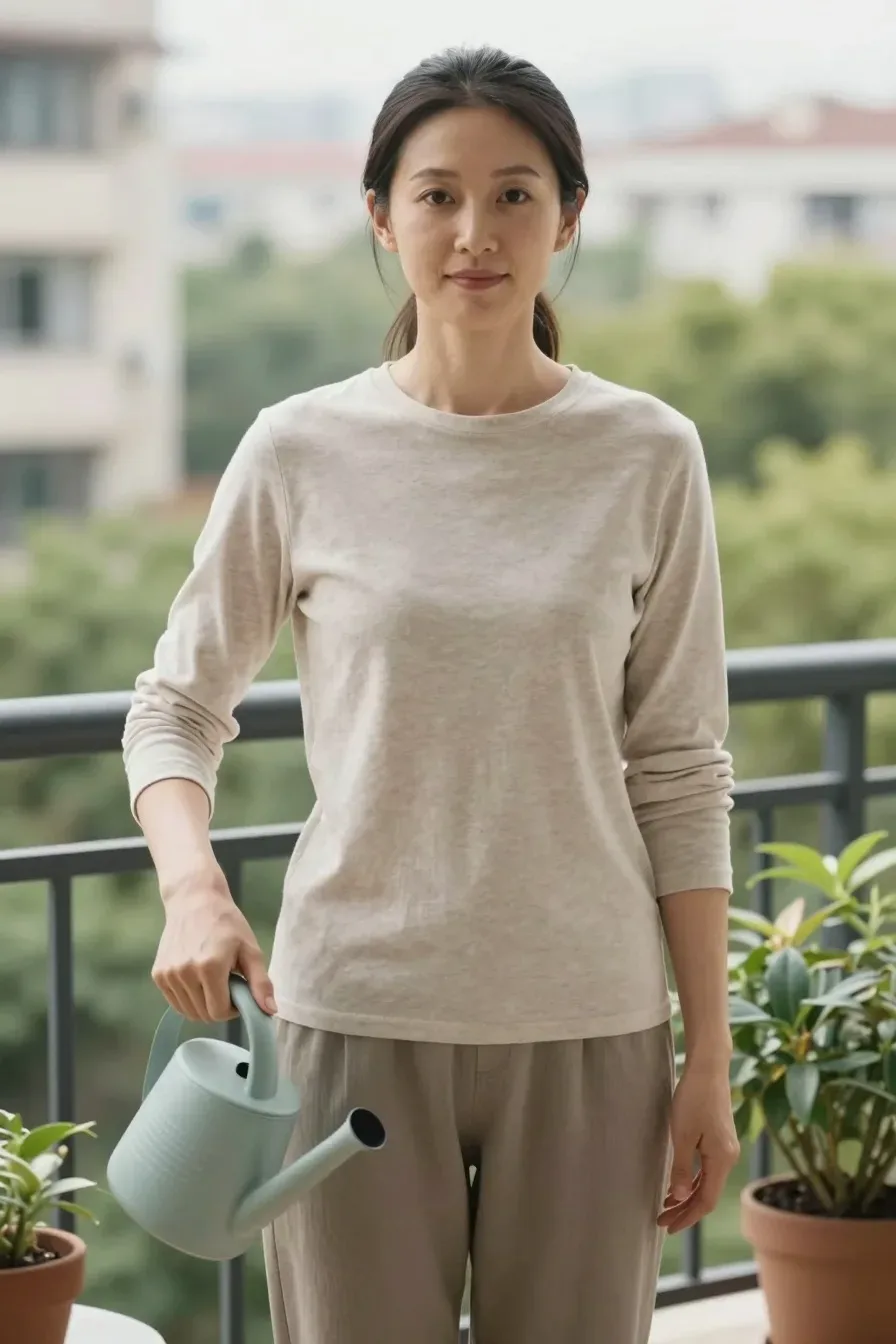 Woman watering a potted plant on a sunny balcony, casual attire, cheerful urban apartment vibe, railing and greenery in background; no text, no words, no letters, no watermark, no logo. wholesome family-friendly safe-for-work image. If any human appears, use tasteful modest everyday clothing with upper body, shoulders, chest, torso, waist and legs covered, natural simple relatable styling, calm neutral mood, appropriate for a general audience. high quality photorealistic image, sharp focus, natural true-to-life colors, coherent realistic anatomy, exactly two arms per visible person, exactly two hands per visible person, five fingers on each visible hand, one unique natural face per visible person, balanced facial symmetry, one clear main subject, uncluttered background, only props that directly match the article topic and section