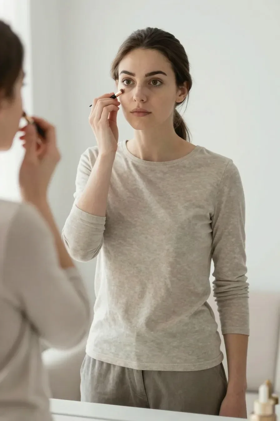 Warm Defined Eyes setup: close-up of a person applying gentle makeup in a bright vanity, soft reflection in mirror, clean background; no text, no words, no letters, no watermark, no logo. wholesome family-friendly safe-for-work image. If any human appears, use tasteful modest everyday clothing with upper body, shoulders, chest, torso, waist and legs covered, natural simple relatable styling, calm neutral mood, appropriate for a general audience. high quality photorealistic image, sharp focus, natural true-to-life colors, coherent realistic anatomy, exactly two arms per visible person, exactly two hands per visible person, five fingers on each visible hand, one unique natural face per visible person, balanced facial symmetry, one clear main subject, uncluttered background, only props that directly match the article topic and section