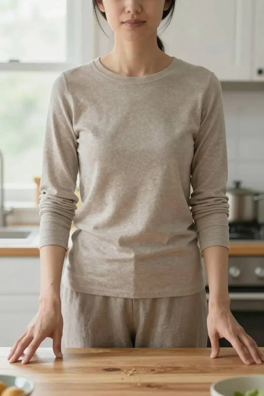 Three-quarter view of a woman arranging a simple tabletop arrangement in a airy kitchen, natural wood surfaces, neutral palette, soft focus background, candid shot, daylight through window; no text, no words, no letters, no watermark, no logo. wholesome family-friendly safe-for-work image. If any human appears, use tasteful modest everyday clothing with upper body, shoulders, chest, torso, waist and legs covered, natural simple relatable styling, calm neutral mood, appropriate for a general audience. high quality photorealistic image, sharp focus, natural true-to-life colors, coherent realistic anatomy, exactly two arms per visible person, exactly two hands per visible person, five fingers on each visible hand, one unique natural face per visible person, balanced facial symmetry, one clear main subject, uncluttered background, only props that directly match the article topic and section