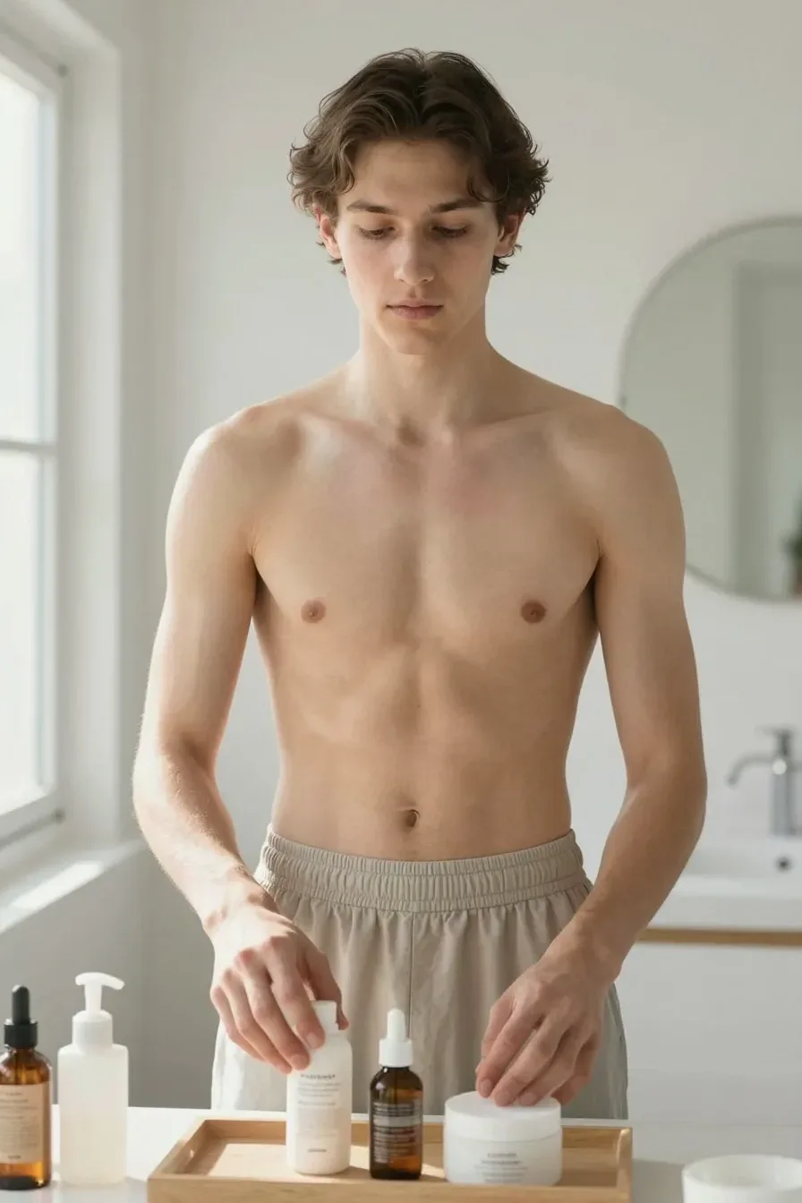 Fresh Skin-Focused Look: person arranging skincare products neatly on a tray in a sunlit bathroom, airy space, clean lines; no text, no words, no letters, no watermark, no logo. wholesome family-friendly safe-for-work image. If any human appears, use tasteful modest everyday clothing with upper body, shoulders, chest, torso, waist and legs covered, natural simple relatable styling, calm neutral mood, appropriate for a general audience. high quality photorealistic image, sharp focus, natural true-to-life colors, coherent realistic anatomy, exactly two arms per visible person, exactly two hands per visible person, five fingers on each visible hand, one unique natural face per visible person, balanced facial symmetry, one clear main subject, uncluttered background, only props that directly match the article topic and section