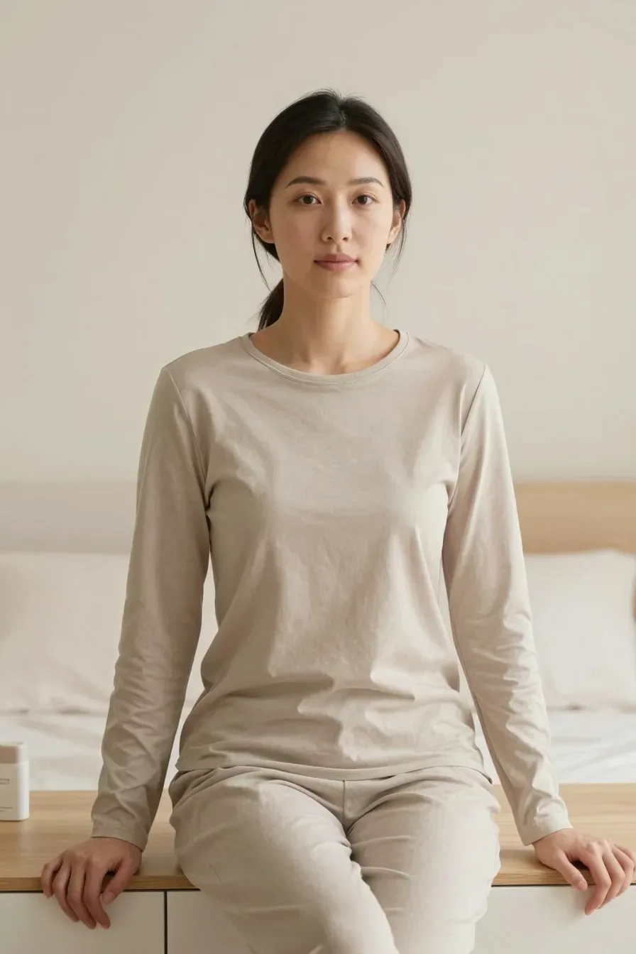 Woman relaxing in a sunlit bedroom, warm neutrals, clean minimal d&eacute;cor, focusing on a softly colored skincare setup on a dresser; full-face visible, natural expressions; no text, no words, no letters, no watermark, no logo. wholesome family-friendly safe-for-work image. If any human appears, use tasteful modest everyday clothing with upper body, shoulders, chest, torso, waist and legs covered, natural simple relatable styling, calm neutral mood, appropriate for a general audience. high quality photorealistic image, sharp focus, natural true-to-life colors, coherent realistic anatomy, exactly two arms per visible person, exactly two hands per visible person, five fingers on each visible hand, one unique natural face per visible person, balanced facial symmetry, one clear main subject, uncluttered background, only props that directly match the article topic and section