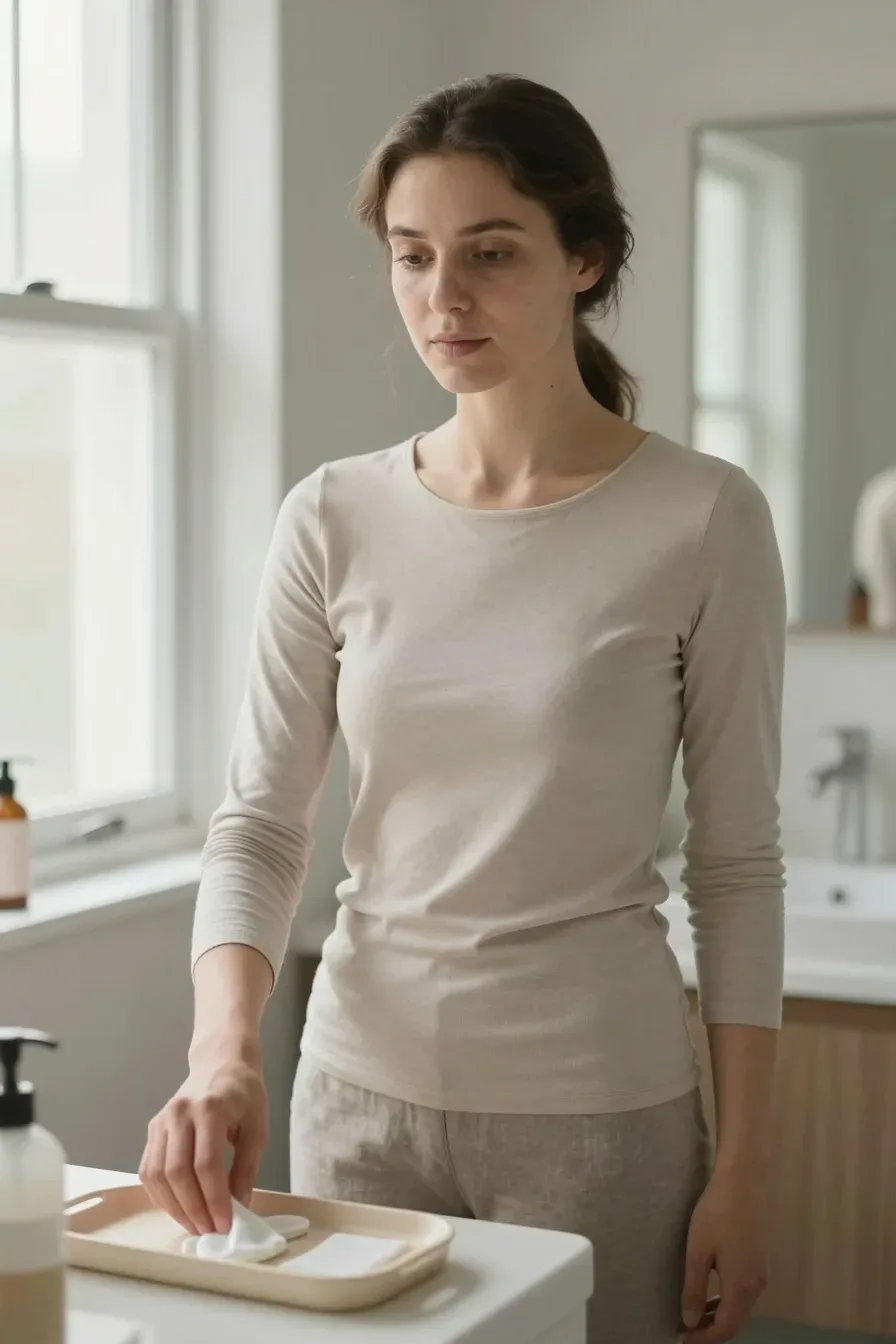 Woman tidying a tidy vanity with a simple skincare tray, clean lines, soft-focus background, daylight from a window, everyday bathroom scene; no text, no words, no letters, no watermark, no logo. wholesome family-friendly safe-for-work image. If any human appears, use tasteful modest everyday clothing with upper body, shoulders, chest, torso, waist and legs covered, natural simple relatable styling, calm neutral mood, appropriate for a general audience. high quality photorealistic image, sharp focus, natural true-to-life colors, coherent realistic anatomy, exactly two arms per visible person, exactly two hands per visible person, five fingers on each visible hand, one unique natural face per visible person, balanced facial symmetry, one clear main subject, uncluttered background, only props that directly match the article topic and section